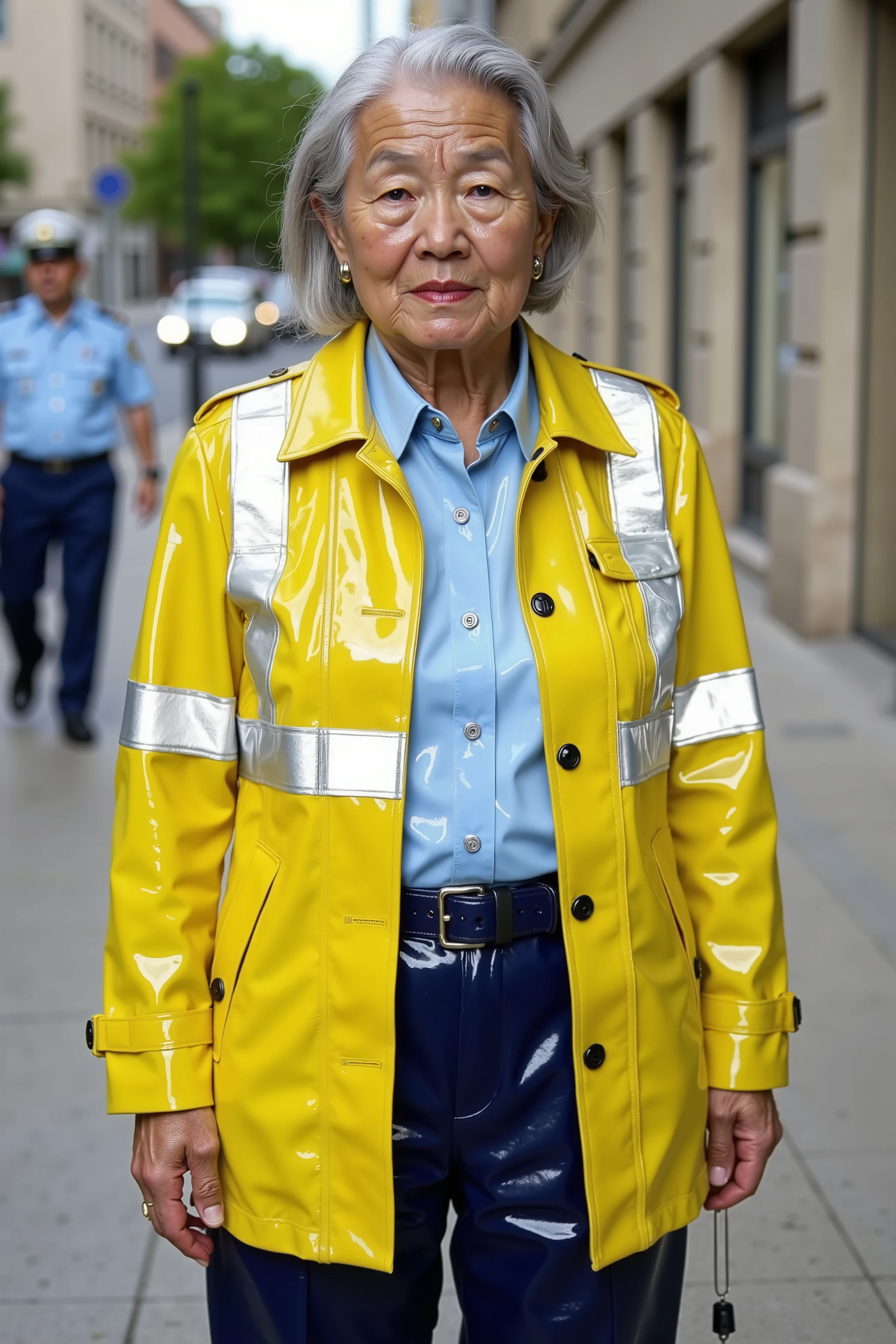a 87 year old ugly woman with extensive wrinkles, very elderly, wearing a dirty yellow PVCbtntcoat25 with asianpv white high visibility stripes and translucent stripes on the sleeves showing her arms, the woman wears a soft light blue rubber shirt and dark blue rubber formal uniform pants,