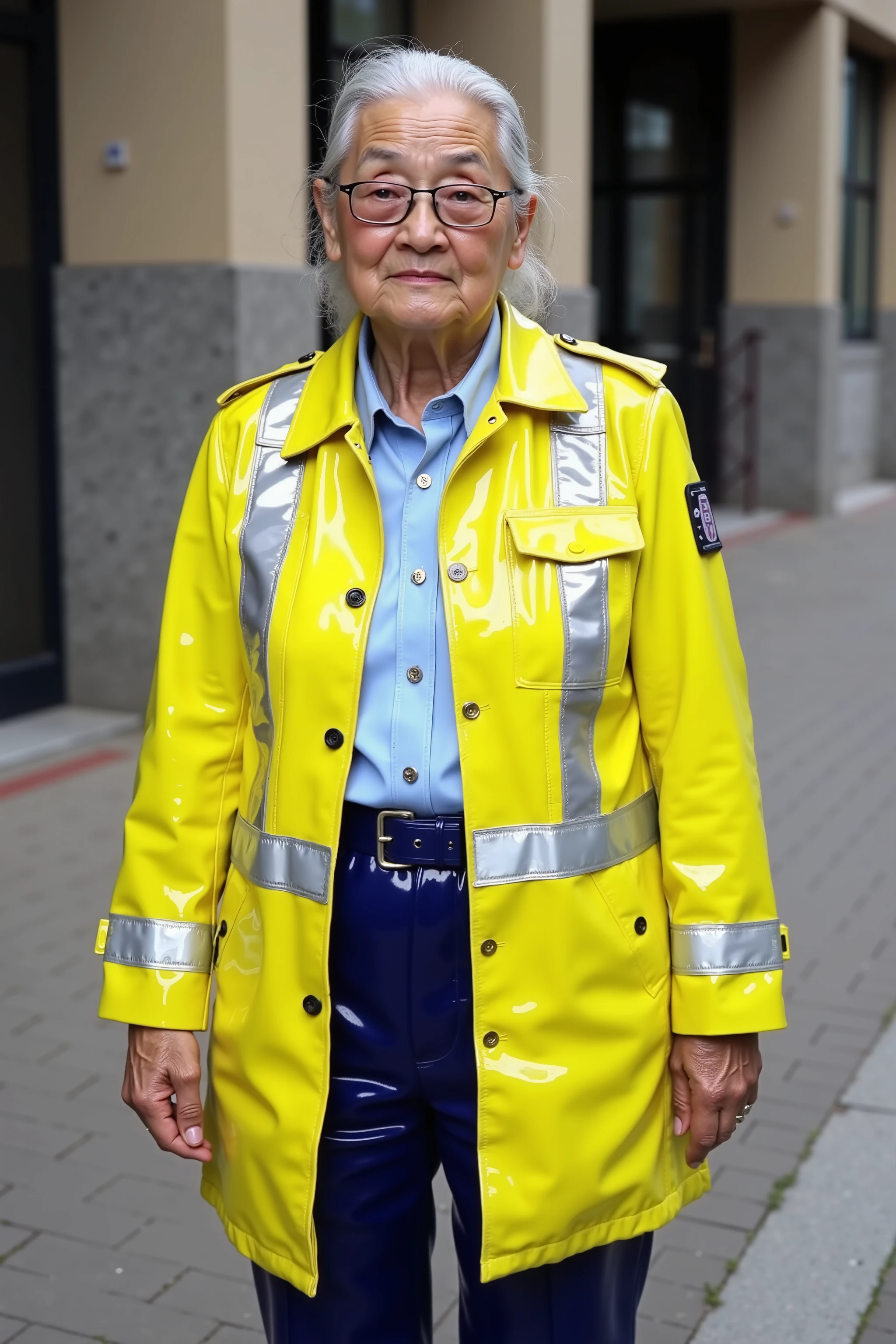 a 87 year old ugly woman with extensive wrinkles, very elderly, wearing a dirty yellow PVCbtntcoat25 with asianpv white high visibility stripes and translucent stripes on the sleeves showing her arms, the woman wears a soft light blue rubber shirt and dark blue rubber formal uniform pants,