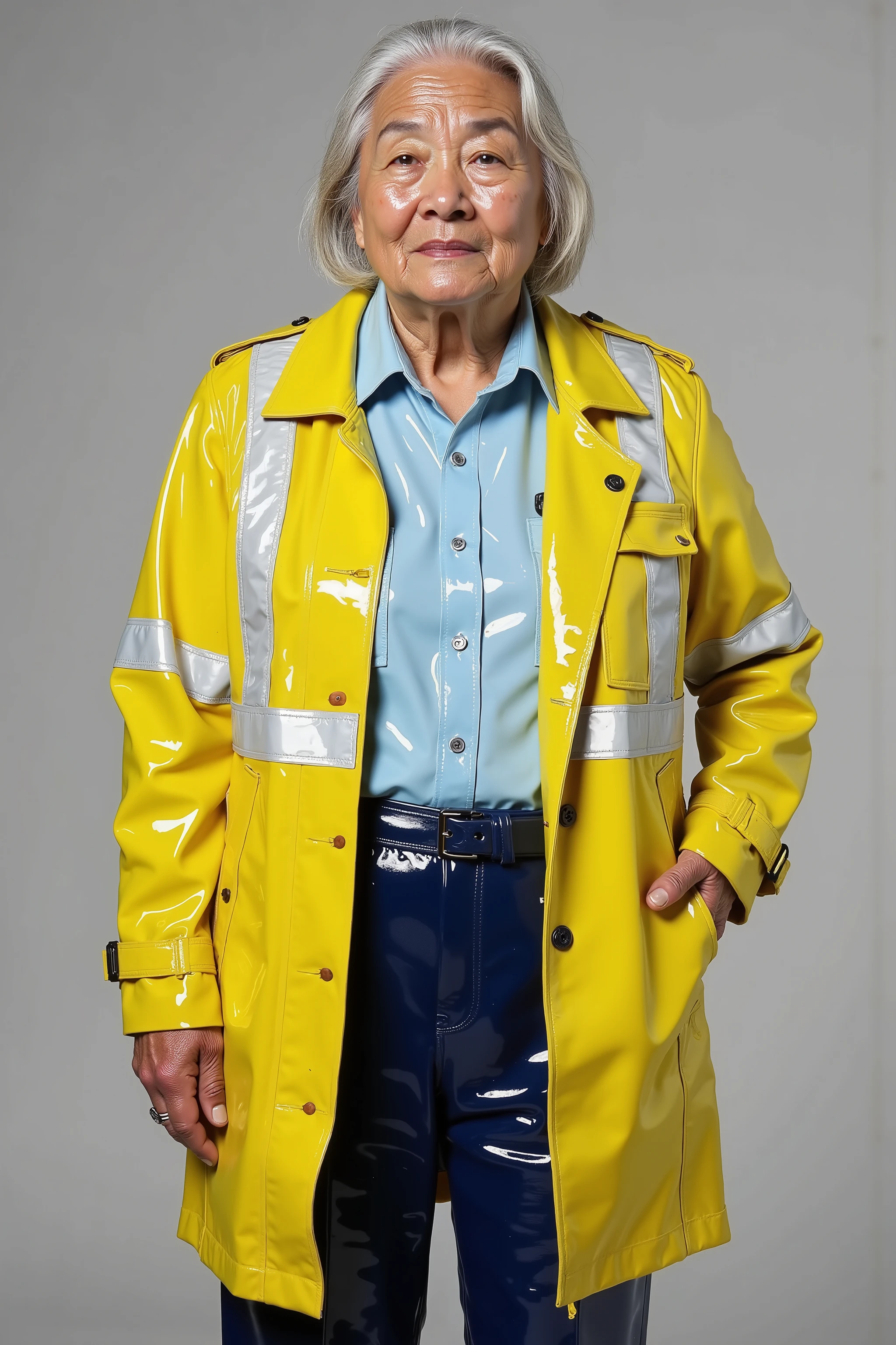 a 87 year old ugly woman with extensive wrinkles, very elderly, wearing a dirty yellow PVCbtntcoat25 with asianpv white high visibility stripes and translucent stripes on the sleeves showing her arms, the woman wears a soft light blue rubber shirt and dark blue rubber formal uniform pants,