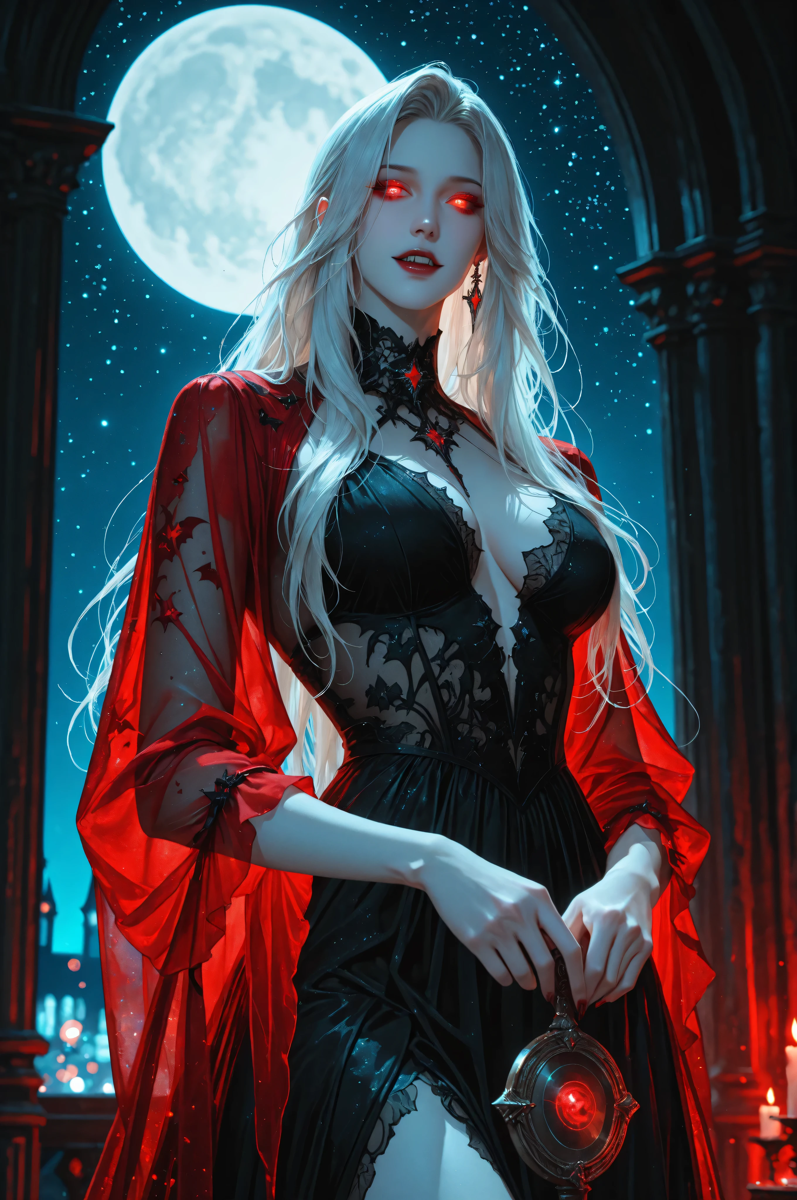 a picture of an epic beautiful female vampire, ghostly beauty,  wearing transluminescent dress, black silk dress, intricate dress, transluminescent dress, transparent dress, red sleeves, epic beautiful female vampire, pale skin perfect body,  ghostly beauty, serene beauty, lush hair, long hair, red glowing eyes, vampire fangs, stars entwined in the woman's hair, light caress the woman, moon light caress the dress, fantasy art, night time, the moon rises, creating award winning, photorealism, depth of field, hyper realistic,  zavy-ctcmcs, Celestial Fantasy, dnddarkestfantasy, Art Deco, hyp3rd3tail style, Ethereal Gothic Elegance
