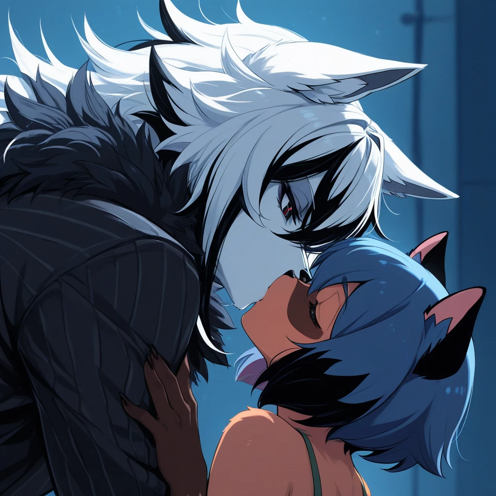 score_9,score_8_up,score_7_up, source_furry, a young Anthro furry wolf woman, white furry body, tall, long black messy hair, white wolf tail, white fox ears, hair covering one eye, long bangs, long black hair, blue eyes, black glasses, white wolf tail, , wearing only thigh high socks, pouting, she is lying flat on her stomach, , pov ,  she is getting   by viewer,  viewer is spreading her ass cheeks, rear view, 