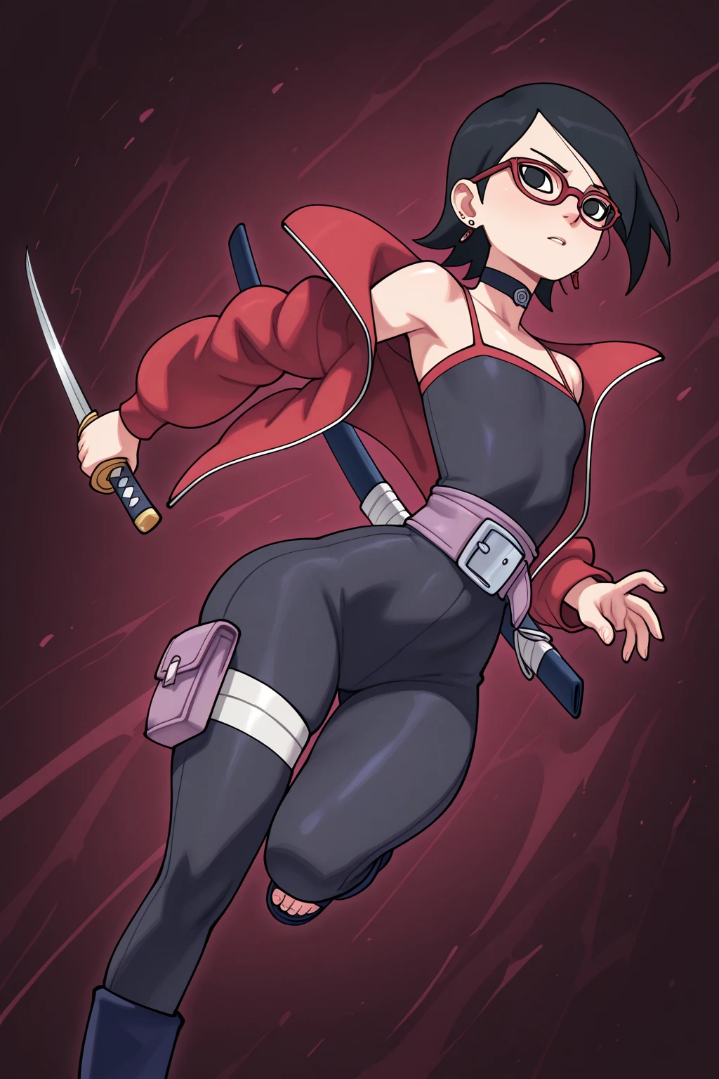 A thin, adult woman without hair, wearing short red  gloves, wearing a sporty one-piece swimsuit, pale skin, wearing red roller skates with thick heels, The woman is posing standing while supporting herself with a metal cane, anime style, Sleeve style, whole body.