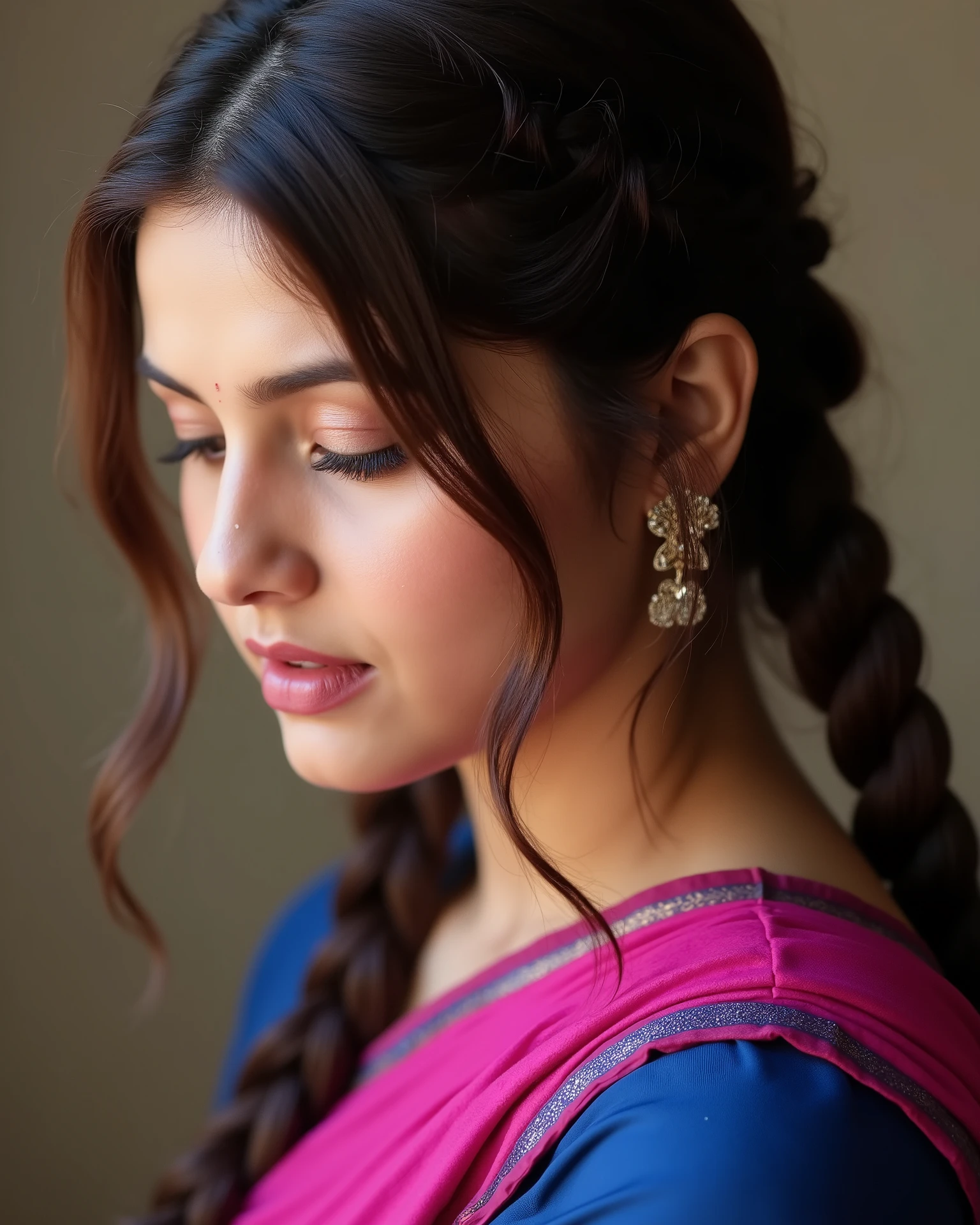 ashk, Photographed from side, An Ultra-realistic cinematic close-up portrait of a 20-year-old Indian girl with dark groomed brows, light soft eyeshadow, long curled lashes, rosy pink blush, muted berry-pink lips. Her hairs are long, brown, wavy and styled in a crown braid flowing into a fishtail braid over her right shoulder, with delicate wisps framing her face. Her head is tilted forward and down, eyes softly closed, serene and introspective mood. She is wearing a magenta saree with blue blouse.