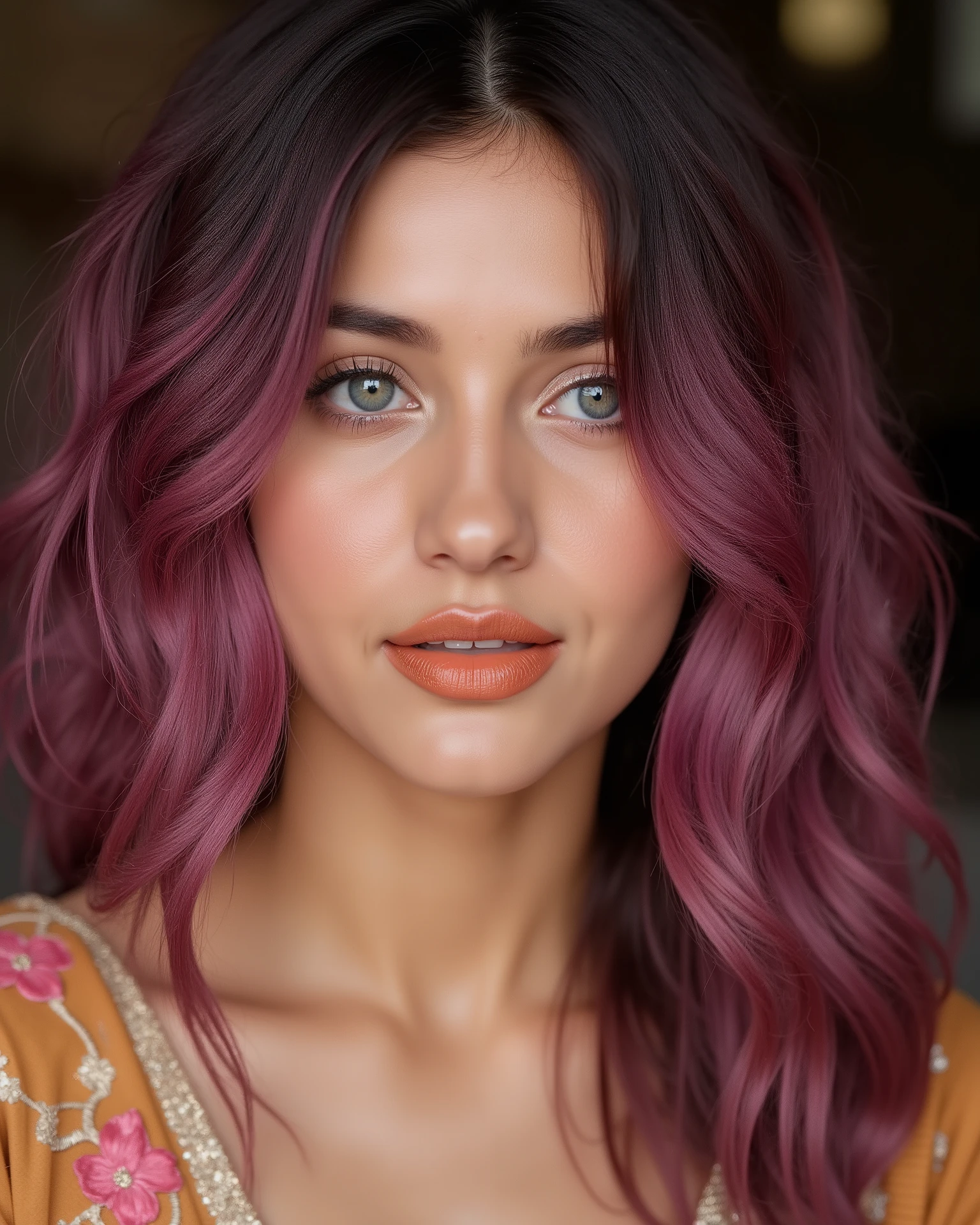 ashk, An Ultra-realistic cinematic close-up portrait of a 20-year-old Indian girl with Slightly tilted face, fair skin tone, light grey eyes, fox eyelashes, thin eyebrows, black eye liner, silver eyeshadow, natural blush, and orange lipstick. Her hairs are wavy, shiny, layered, voluminous and purple-pink. Some strands of hair cover the face slightly. She is looking away from camera. An amber V-neck salwar suit with pink floral embroidery is slightly visible.