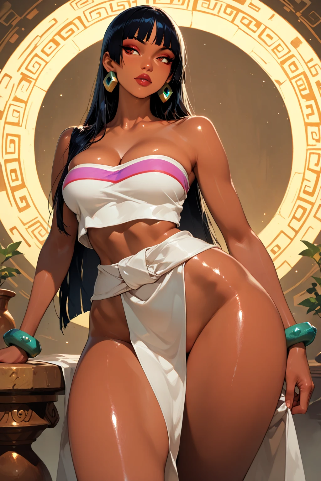 (Numerous award-winning masterpieces, with incredible details), ((Extremely beautifull face)), (extremely detailed realistic face features), (beutiful purple grey eyes), ((finely detailed true circle Symmetrical purple grey eyes)), (She has a meloncholic face), (A majestic sight), long braided pink hair that faids to green colored, (big breasts: 1.8), anatomic, small wraist with big hips, realistic skin texture, realistic breasts, pale skin, perfect body