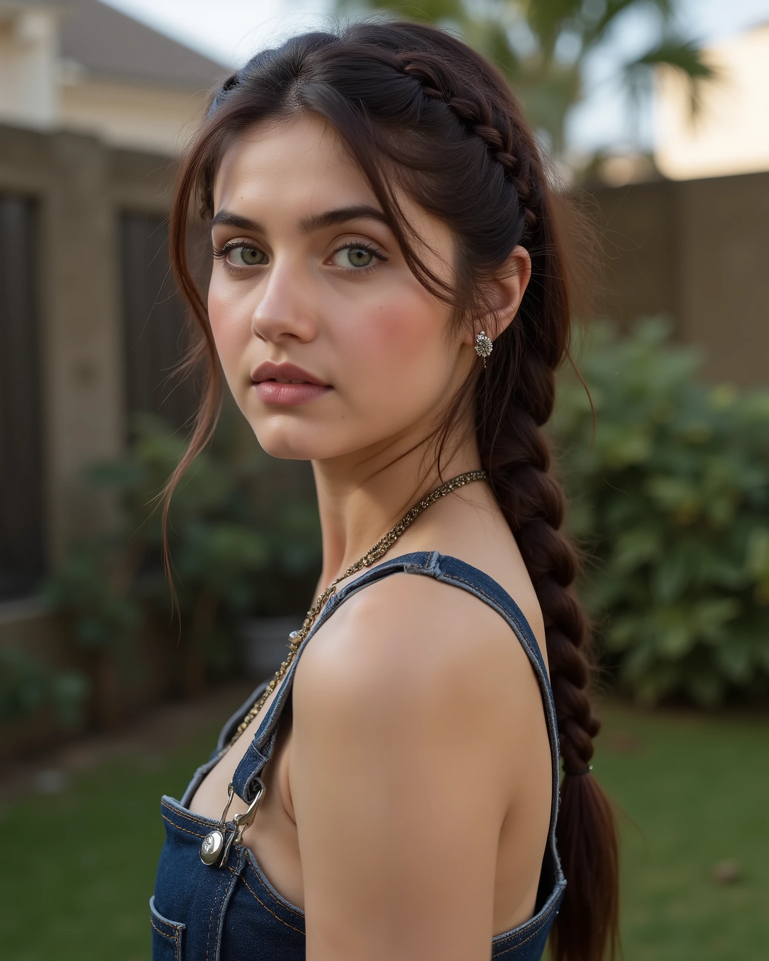 ashk, Photographed from side, An Ultra-realistic cinematic close-up portrait of a 20-year-old Indian girl with fair skin tone, light grey eyes, fox eyelashes, thin brows, light soft eyeshadow, long curled lashes, rosy pink blush, muted pink lips. Her hairs are long, brown, wavy and styled in a crown braid flowing into a fishtail braid over her right shoulder, with delicate wisps framing her face. She is wearing a dark denim overalls with one strap casually hanging down, revealing her bare shoulder and a hint of her chest. She is standing in a backyard with a subtle, alluring gaze directed towards the viewer. The lighting is soft and diffused, creating gentle shadows that highlight the contours of her skin and the texture of the denim.