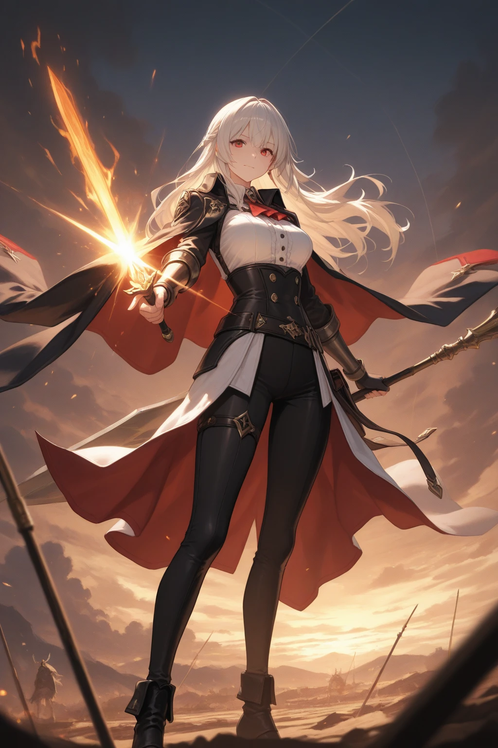 beautiful woman, white hair, long hair, ((crew cut: 1)), blue eyes, fair skin, ((muscular: 1)), female, 28 years old Wearing a black long-sleeved blouse, red and yellow details, a brown leather shawl, black pants, black boots, queen of summer, sun, black fire, white fire, fire in the background