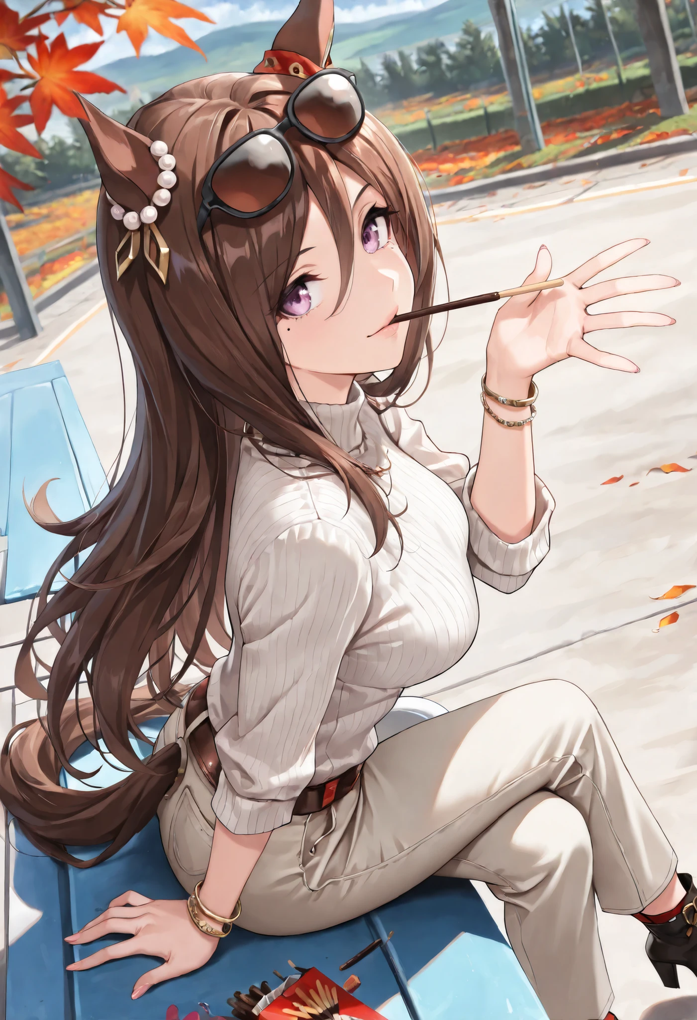(masterpiece, best quality, perfect face:1.4), wide angle, seeking the pearl\(umamusume\), 1girl, mole under eye, horse ears, eyewear on head, ear ornament, horse tail, tail on the lower back, proportional body, proportional,1 girl, beautiful hair, beautiful face, beautiful detailed eyes, beautiful clavicle, beautiful body, beautiful chest, beautiful thigh, beautiful legs, beautiful fingers, looking at viewer, BREAK, l(((black))) wool tweed jacket, rolled-up sleeves, (white) high-neck knit sweater, (soft beige tone) (((wide))) tuck chino pants, (brown) thin belt, (gold) bracelet, high-heeled ankle boots, sitting, crossed legs, BREAK, Pocky, Pocky Kiss, Hold up the Pocky, Pocky game:1.3, Outdoor, autumn leaves of trees , flowers blooming in the garden in the fall season, Cosmos, BREAK, Her mouth opens slightly, Smiles spill out, textured skin, realistic skin, HDR, BREAK, (perfect hands, perfect anatomy),