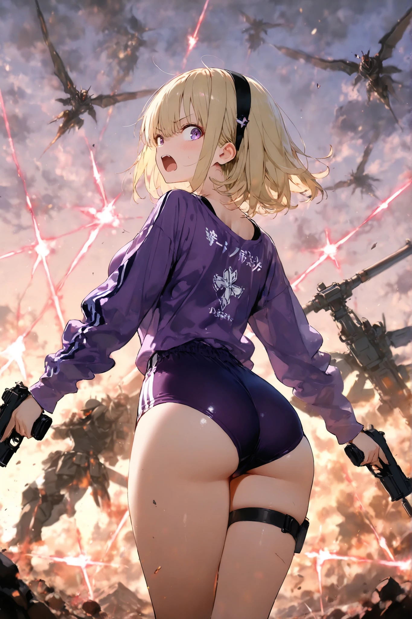 ((highly detailed)), nikke, rapi, perfect human hands, (great breast:1.1),masterpiece, best quality, ultra-detailed, glistening shiny, glowing light, ray tracing, HDR, deph of field, (perfect face, detailed face, detailed eyes,perfect hands,perfect fingeredium :1.2),8k,HD,ultra realistic face,ray tracing,perfect lighting,best quality, ultra-detailed, shiny eyes, ( nervous:1.1, angry:1.1), ((1girl:1.2)),cowboy shot,thicc,streaked_hair,((brown gradient hair)),multicolored eyes, gradient eyes, red eyes, (glowing eyes:1.5), mascara, (fashion make up), (parted lips,blush, detailed face, war scenary, corpses, machines, iron, destruction, robots, fire in the background, dust, weapons, ((( machine gun in hand:1.4))), warzone,dark blue sky),((super detailed background))),((super detailed background)), dynamic poses, ((8k wallpaper)), (mature female), black thighhighs, gigantic sagging breast, standing, ((())), (((seen from below:1.5))), (((lifting up skirt:1.4))), (((injury in the breast))), (((pointing with gun))), (((:1.3))), ((())), ((( focus))), ((()))