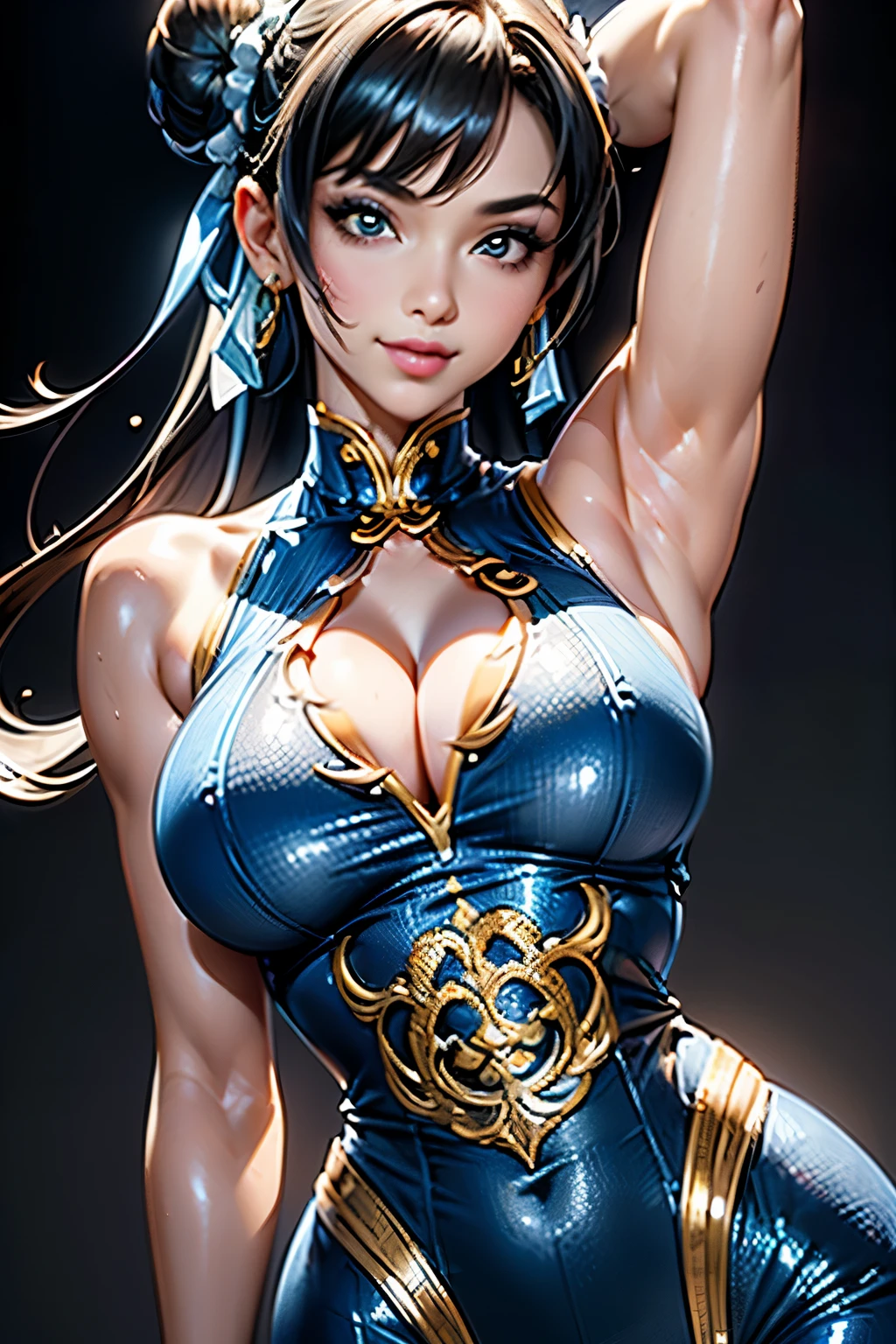 Best Quality, Ultra High Definition, 1 Girl, (Huge, Big), Simple Background, Smile, Glamorous, 8k, Perfect, Shiny Skin, Posing, Beautiful Model, Armpits, Fine Art, Erotic, CG Digital Art, Street Fighter, (Chin Li:1.3), Kawaii Face, Blue China dress, young woman