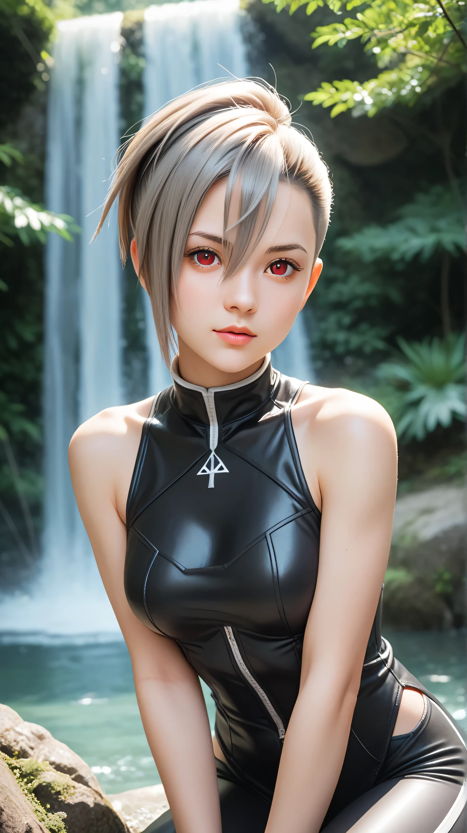 1girl, solo,eydish,red eyes,gray hair,(undercut hair:1.1),outdoors,potrait,medium breast,forest,front view,sitting under waterfall,waterfall background,looking at viewer,hair between eyes,bodysuit,bare shoulders, black glove, sitting on boulders,close up