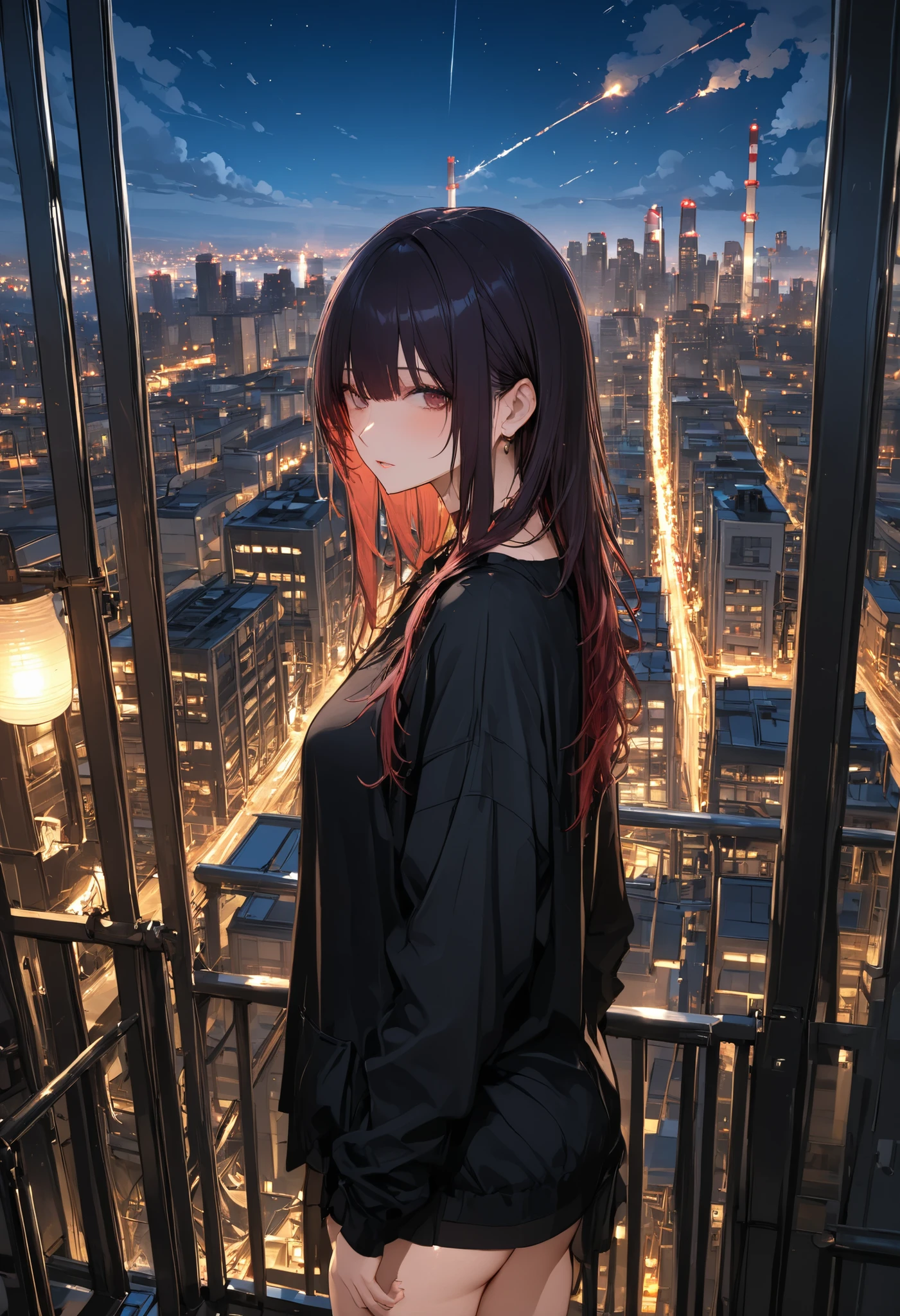 skyscrapersからGirl watching 、skyscrapers、The factory in front of you、Factory night view、一面のFactory night view、pipe、It looks like a jewel、Illuminations by llena de va、Girl watching 、meteor、空から降り注ぐmeteor、無数のmeteor群、masterpiece、fuill body ,best quality