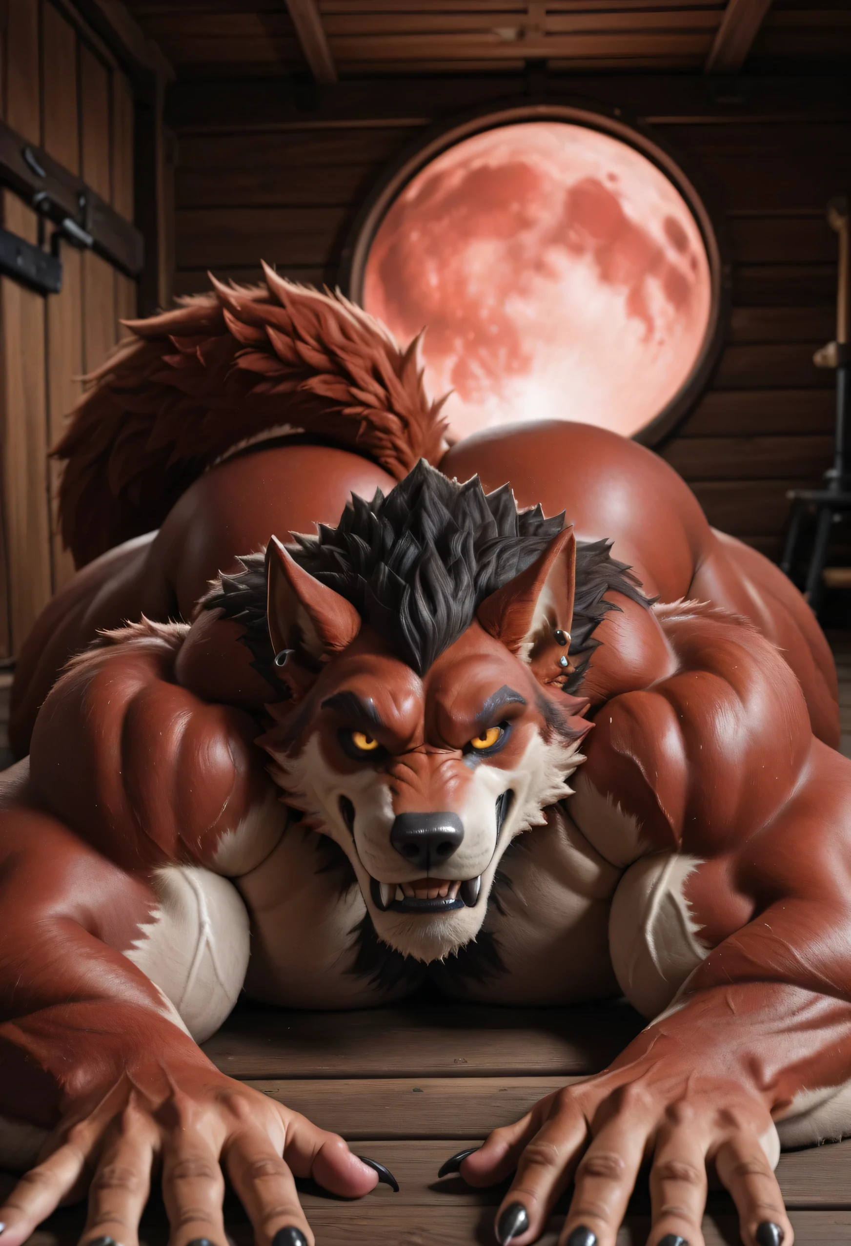 masterpiece, masterpiece, best quality, amazing quality, high quality, RAW photo, (Photorealistic Style), (Perfectly Correct Anatomy). (furry), (1boy), (Huge Adult Male muscular bara Werewolf Lycan West from Fortnite), (Himbo:1), Very Masculine, Huge Man, Red and Light Brown Fur Body, Red and Light Brown Fur, Red and Light Brown Werewolf Tail, Huge Hyper Veiny Bulging Muscle:2, Huge Bodybuilder Physique, Huge Bulging Pectoral, Huge Wide Broad Chest, Huge Bulging Abs, Huge Wide Broad Shoulders, Huge Wide Broad Back, Eight-Pack Abs, Huge Boobs, Protrusion, Huge Thick Legs, Strong Body. (Detail Glowing Amber Eyes with narrow, vertical pupils, emission strictly limited to pupils), Black Sclera:1.4, Realistic Detail Bara Chiseled Male Werewolf Handsome Rugged Lycan West Face:1.6, strong square jawline, chiseled cheekbones, tough appearance, hairy chest, hairy back, hairy legs, hairy thighs, hairy arms, pubic hair, Huge muscular butt:2. Nipple Piercings, Ear Piercings, Rings, realistic human hands, (Natural Palms Color:1.4), (5 fingers), Black Claws, (Realistic human feet), (5 toes), (Natural Soles of Feet Color), (huge size 24 feet), (10 feet tall:1.4). In a Realistic Forest Near A Wooden Cabin background at night with a large red full blood moon glow, (Solo), looking at the viewer:1.6, (front view:1.6), (lying on stomach:1.6), hand on his own cheek, (focus face:1.8), (close up face:1.8), smug smirk. (Naked:1.4), Uncensored, (Puffy Nipples:1). 