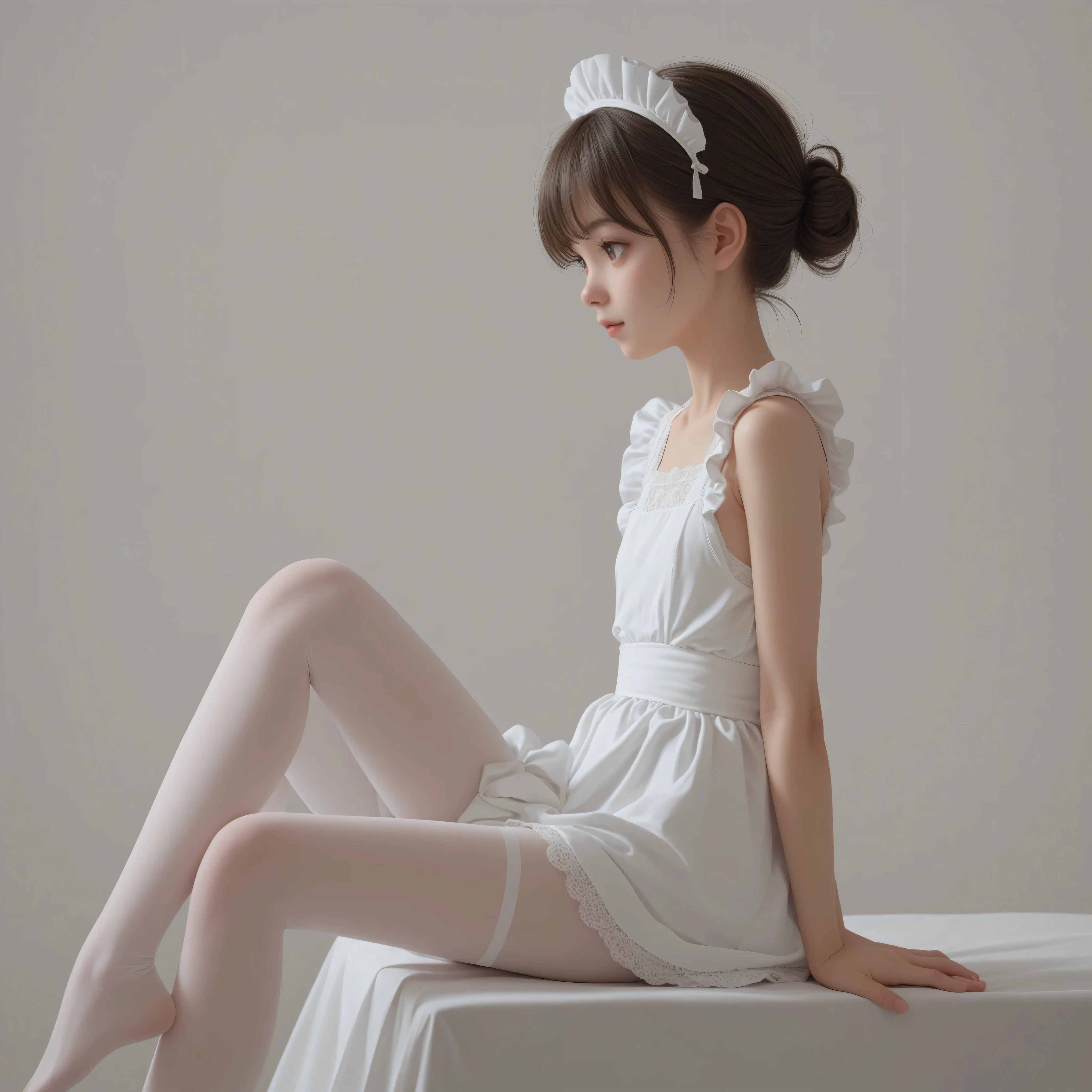 1 Girl、maids、(Smile Yang:0.3)、is looking here,sitting、 Thin tights 、From the side、open both legs,(younger:1.5),(skinny:1.1),japanese