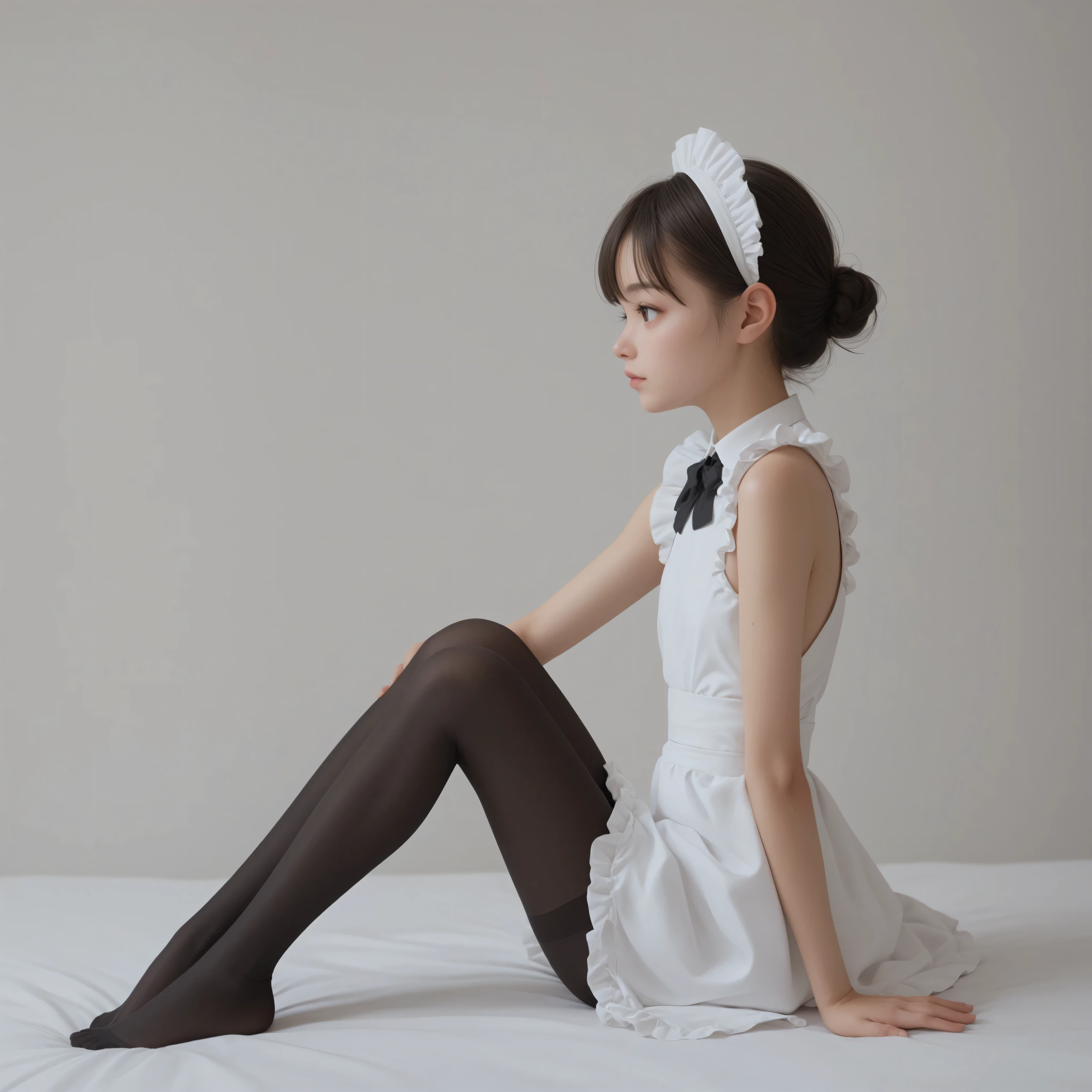 1 Girl、maids、(Smile Yang:0.3)、is looking here,sitting、 Thin tights 、From the side、open both legs,(younger:1.5),(skinny:1.1),japanese