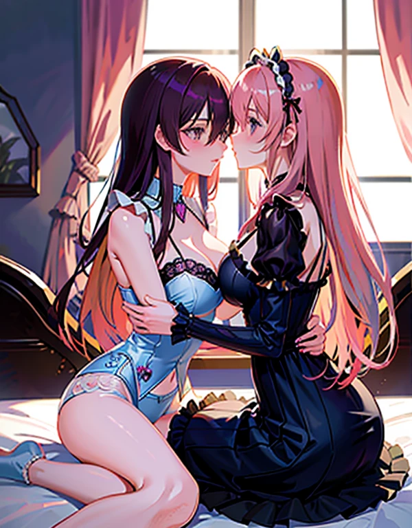 2 women in corset and garter belt, hugging each other , pink lingerie