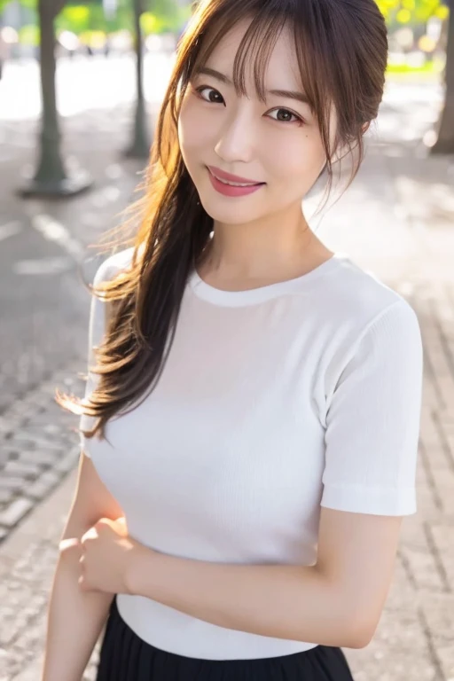 ((top-quality、、​masterpiece:1.3))、1girl in、Realistic body、Slim Abs Beauty:1.3、(Hairstyle Casual、huge tit:1.2)、Sexy Standing Pose、Perfect dynamic composition、(Show the armpits、open the inseam quite wide)、Super fine face、Delicat eyes、double eyelid、Looking at the camera、Dress: 1.1、((white t-shirt、crew neckline、short sleeves、slim fit、black sport shorts)、beautiful expression、cute smile face、(little smile face:1.35)、 bacgkround at afternoon playground in south jakarta buildings、