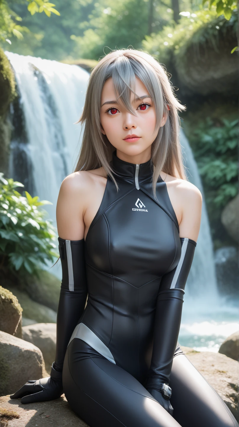 Top quality, masterpiece, gray hair, golden eyes, looking up, upper body, hair strands, fair skin, accessories, , side braids, random hairstyle short hair, taut pointed small breasts, small, high school student, one girl surrounded by greenery, 18 years old, complete , , no breastplate, no 