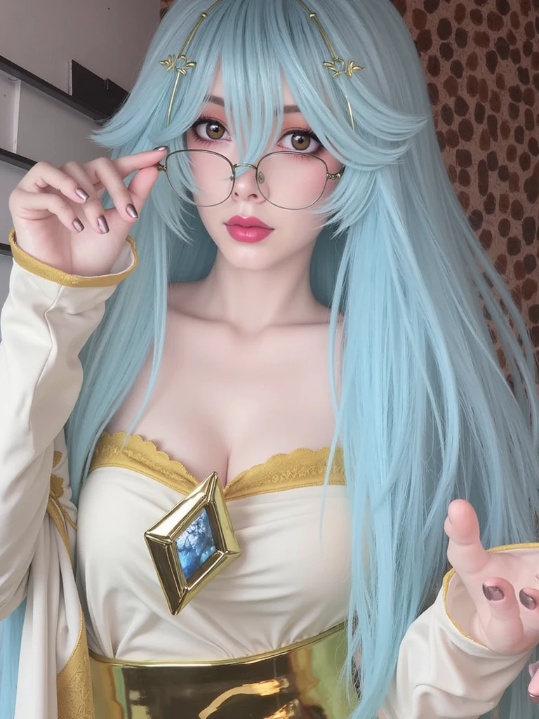 Portrait of a girl with elf ears. Her hair is blue and so are her eyes., she wears big round glasses, she is wearing a red robe, curly hair anime mo artstyle