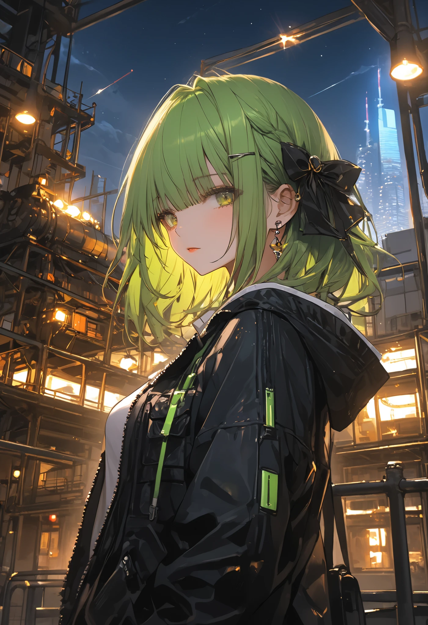 skyscrapersからGirl watching 、1 girl、skyscrapers、The factory in front of you、Factory night view、一面のFactory night view、pipe、Like a jewel box、Illuminations by llena de va、Girl watching 、無数のpipeやタンク、steel structure、like a huge fortress、bright orange and green security lights、meteor、空から降り注ぐmeteor、無数のmeteor群、masterpiece、fuill body ,best quality