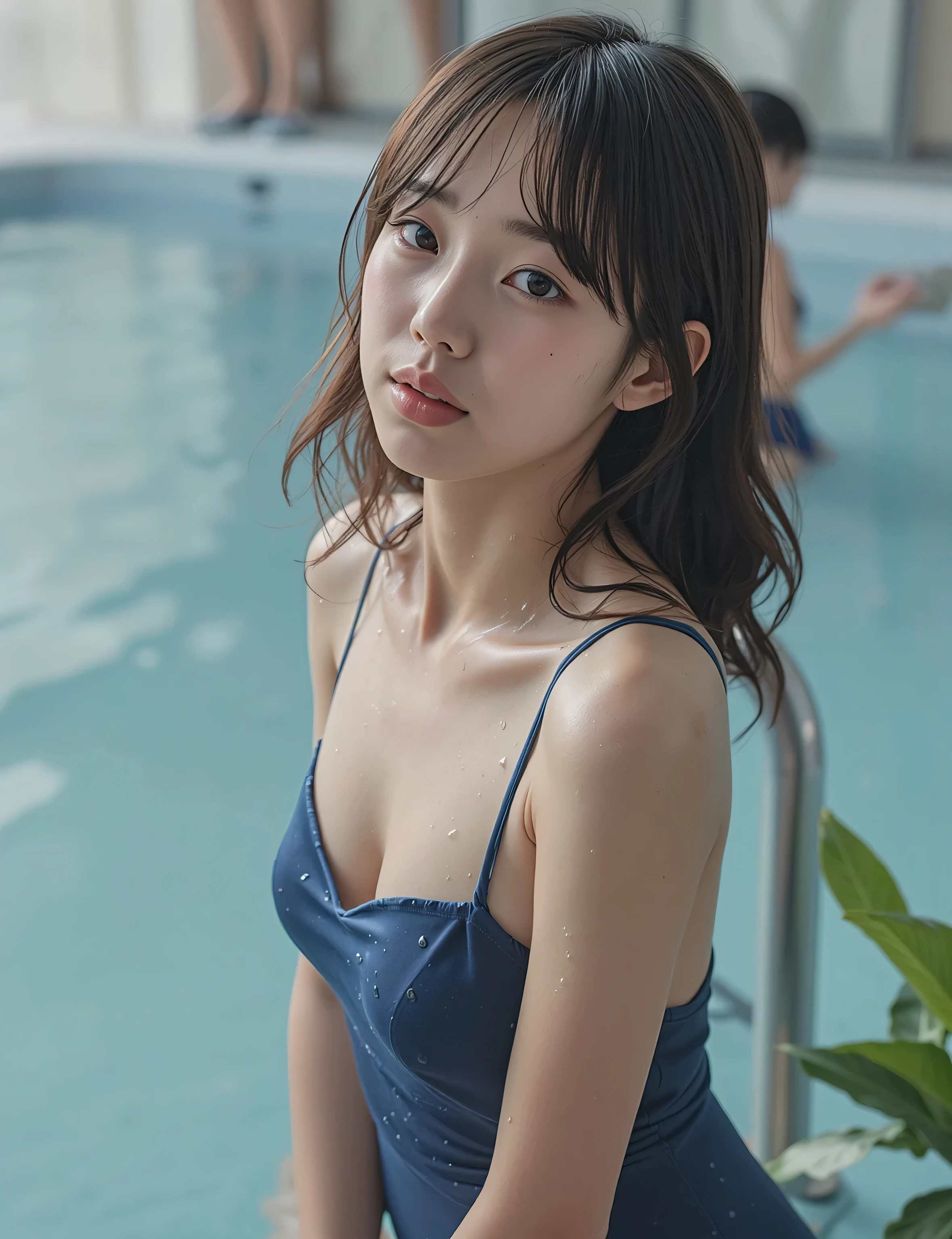 Realistic:1.5, 日本のyounger女の子,She is wearing a Japanese style navy school swimsuit, (younger:1.4),(skinny:1.3), Slim, Small butt, small breasts naked:0.1, cute face, my swimsuit is wet, PUBLIC POOL , (thin thighs)