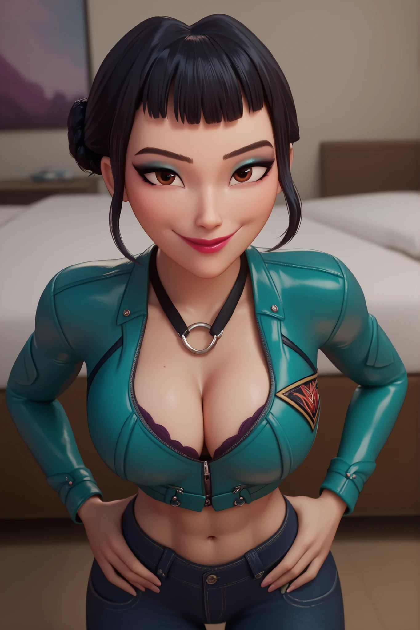 BREAK, score_6_up, score_7_up, score_8_up, score_9, 1girl, solo, kpdh_z0ey, black hair, short hair, hair bun, brown eyes, blunt bangs, lipstick, makeup, official KPop Demon Hunters aesthetic, large breasts, busty, cleavage, curvy, athletic, looking at viewer, seducing viewer, teasing viewer, seductive expression, smiling, closed mouth, bedroom eyes, long sleeves, teal leather jacket, teal crop top, black jeans, indoors, bedroom, standing, hands on waist, closeup, portrait, upper body, high-angle view, blue eyeshadow