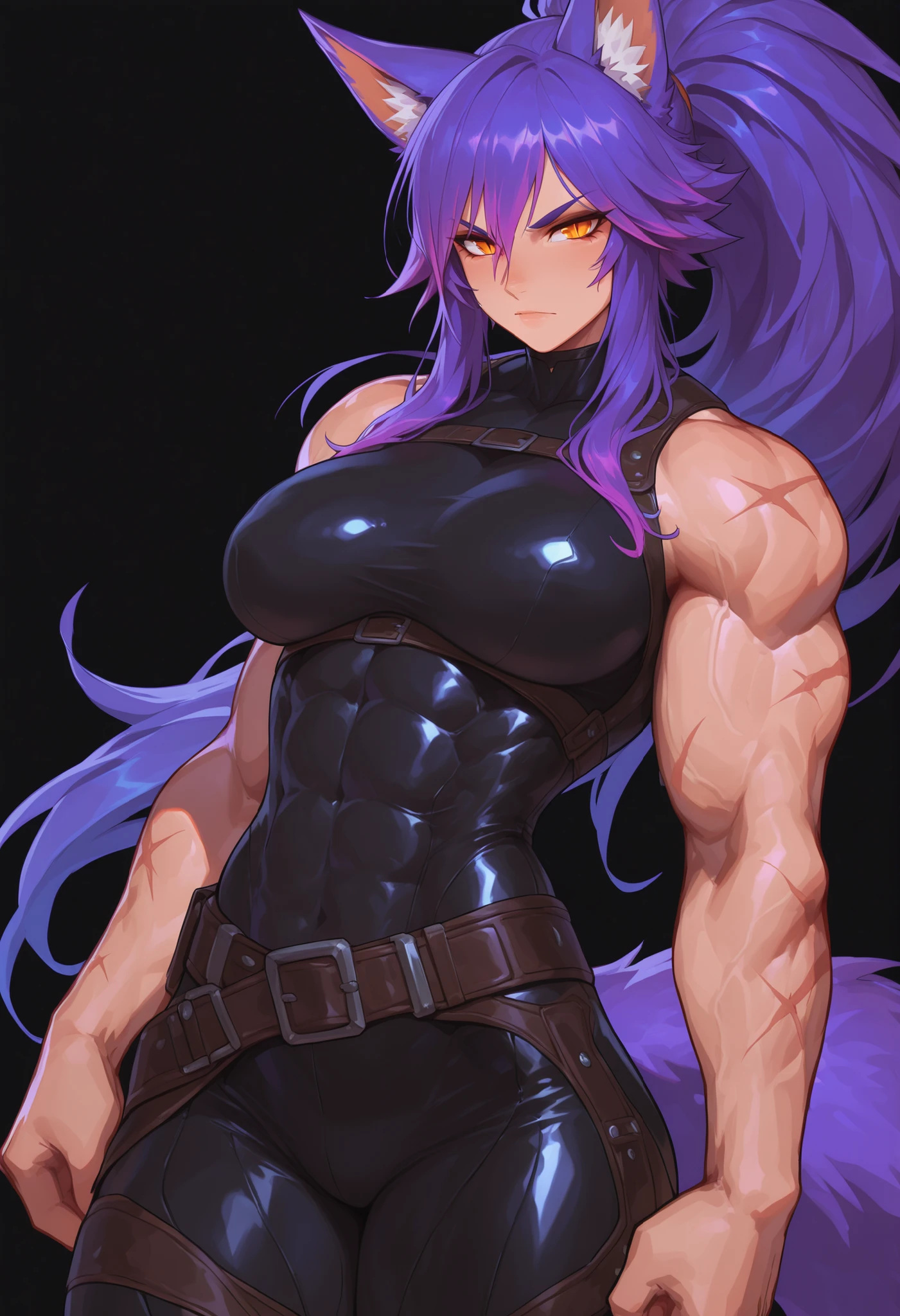 gorgeous kitsune girl, beautiful face, kitsune, adult woman, purple color hair, hunter girl, orange eyes, slit pupils, detailed eyes, personalami style, volputrous body, covered breasts, curvy and athletic, kitsune ears, ponytail hair, fox tail, black bodysuit, pants, bare arms and neck, leather armor, light abs, fierce look, lean but muscular, scars on arms, athletic body, fox ears, long hair, masterpiece, ultra definition, simple white background, dnd, standing