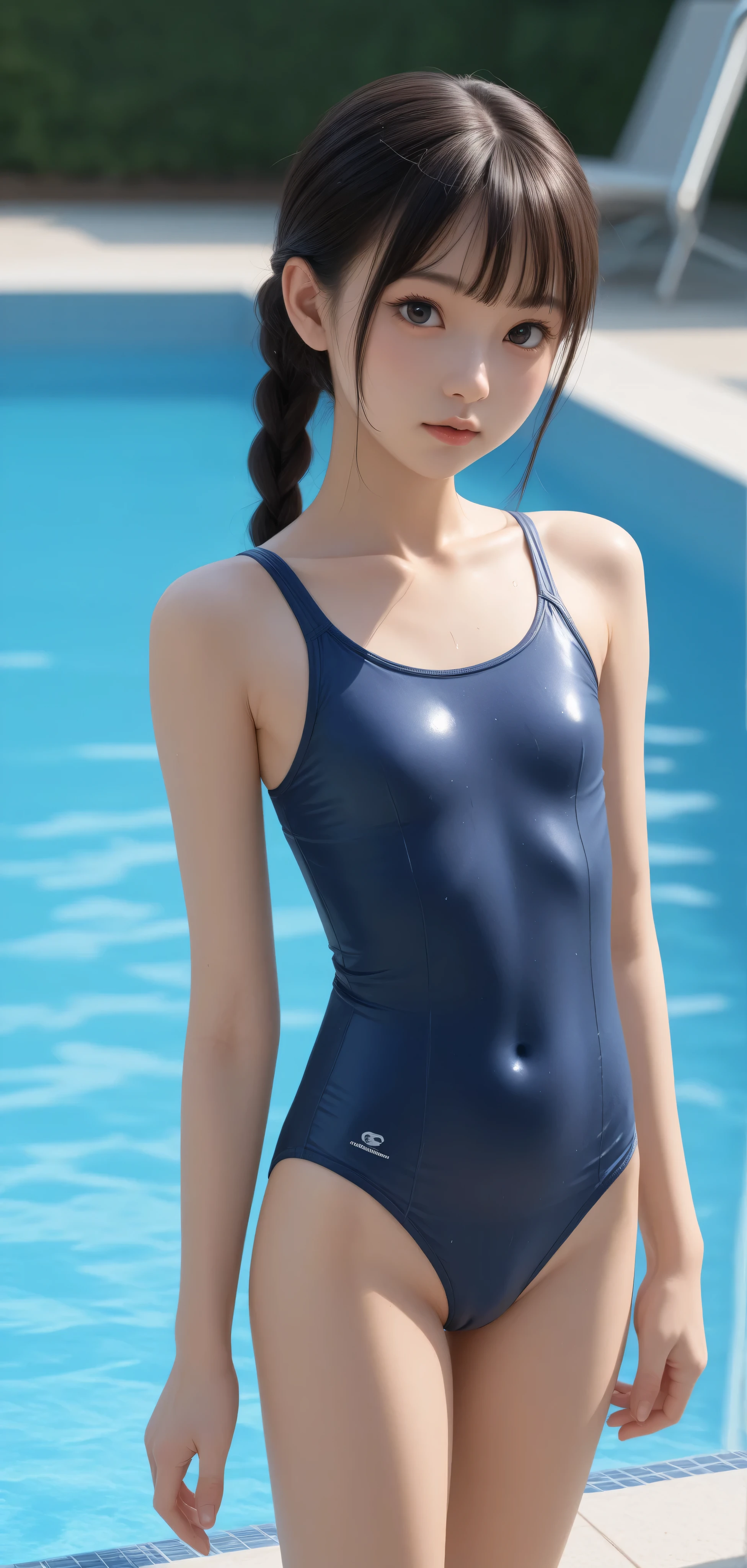 Realistic:1.5, 日本のyounger女の子,She is wearing a Japanese style navy school swimsuit, (younger:1.4),(skinny:1.3), Slim, Small butt, small breasts naked:0.1,  cute face, my swimsuit is wet,  PUBLIC POOL , (thin thighs)