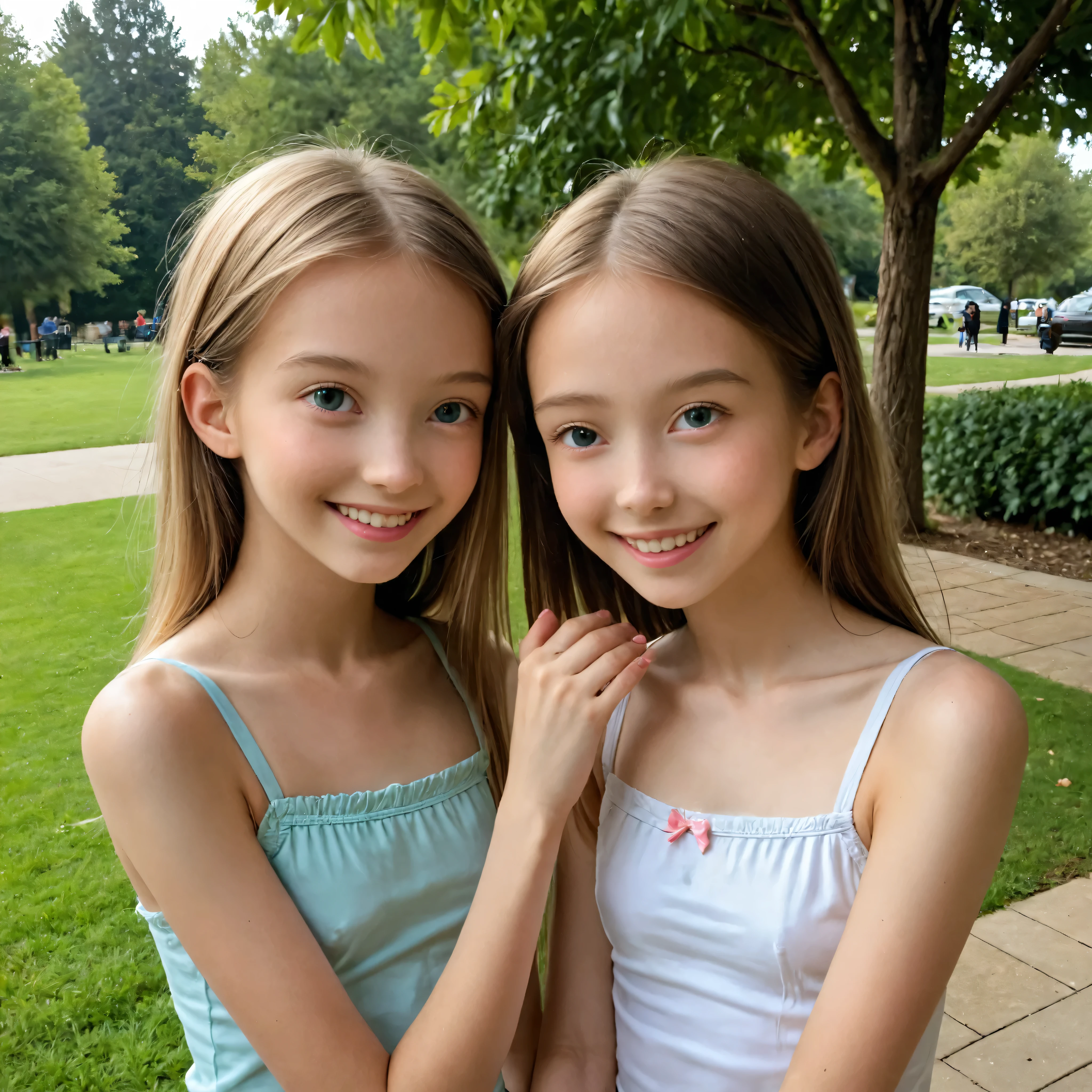 ((Highest Quality)), ((Photo Quality)), (detail), perfect face,Raise Your Hand,narrow shoulder,was photographed in the park,(smile:0.5),2 cute girls,(skinny:1.3),(Slim:1.5),flat chest