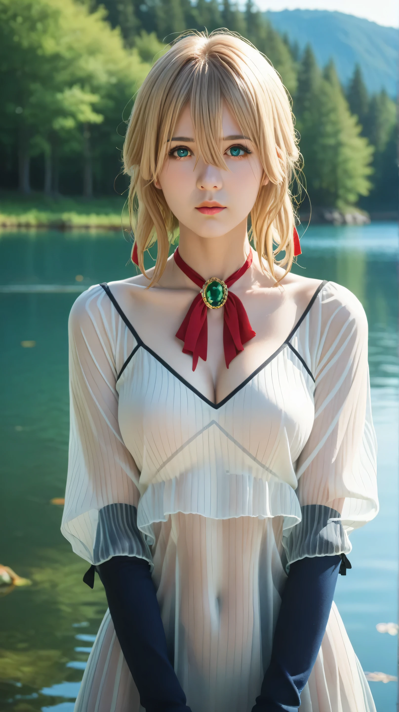 Masterpiece, best quality, 8k, ultra high resolution, photorealistic, cinematic composition,1girl, solo,vuole t vevergarden,emerald eyes,blonde hair,outdoors,potrait,forest,big breast,(lake background:1.4),standing still,(hair between eyes:1.3),black glove,close up,,red ribbon,front view,(transparent dress:1.5)