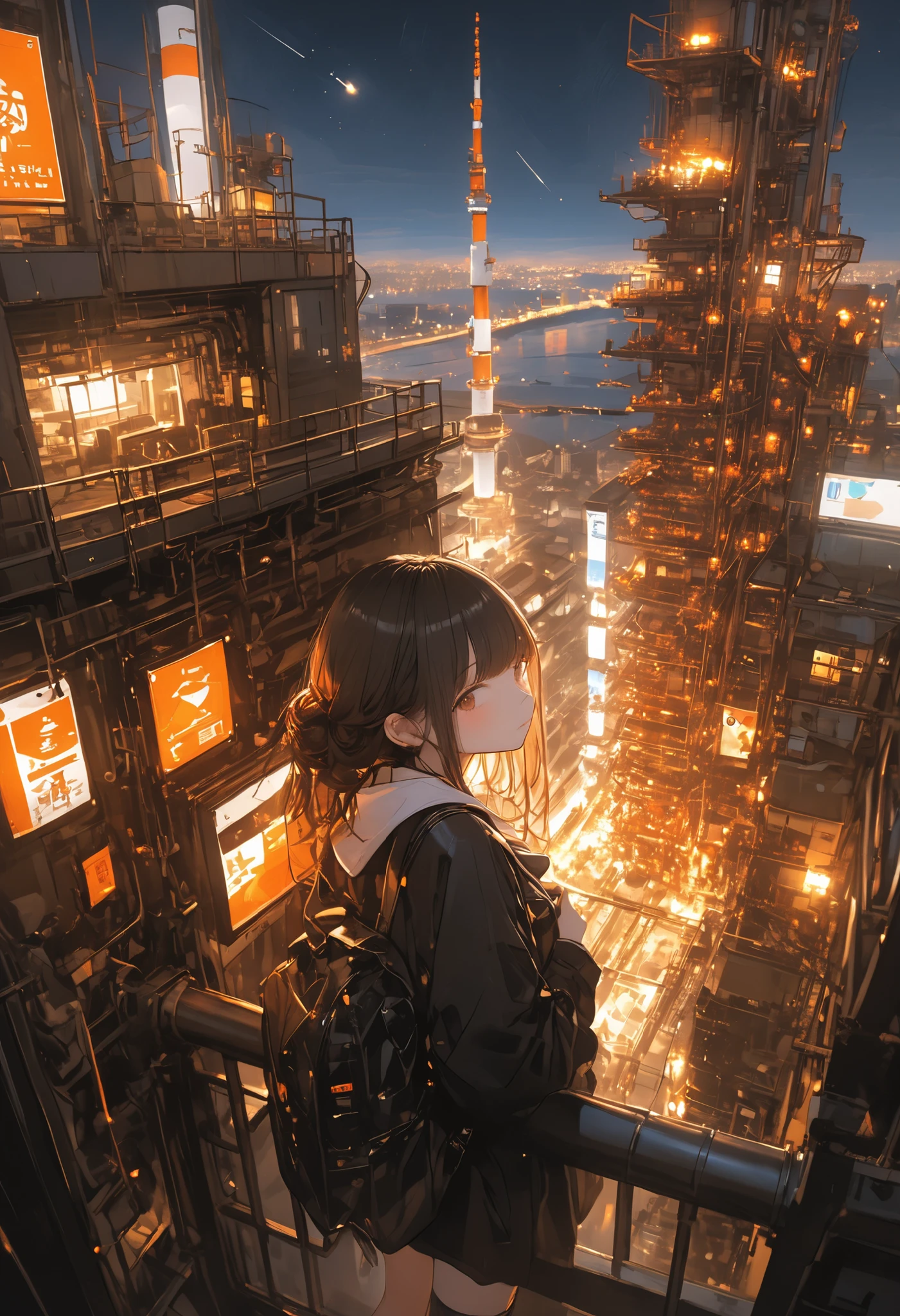skyscrapersからGirl watching 、1 girl、skyscrapers、The factory in front of you、Factory night view、一面のFactory night view、pipe、Like a jewel box、Illuminations by llena de va、Girl watching 、無数のpipeやタンク、pipeから蒸気が吹き出す、steel structure、like a huge fortress、The bright orange or white security light、meteor、空から降り注ぐmeteor、無数のmeteor群、masterpiece、fuill body ,best quality