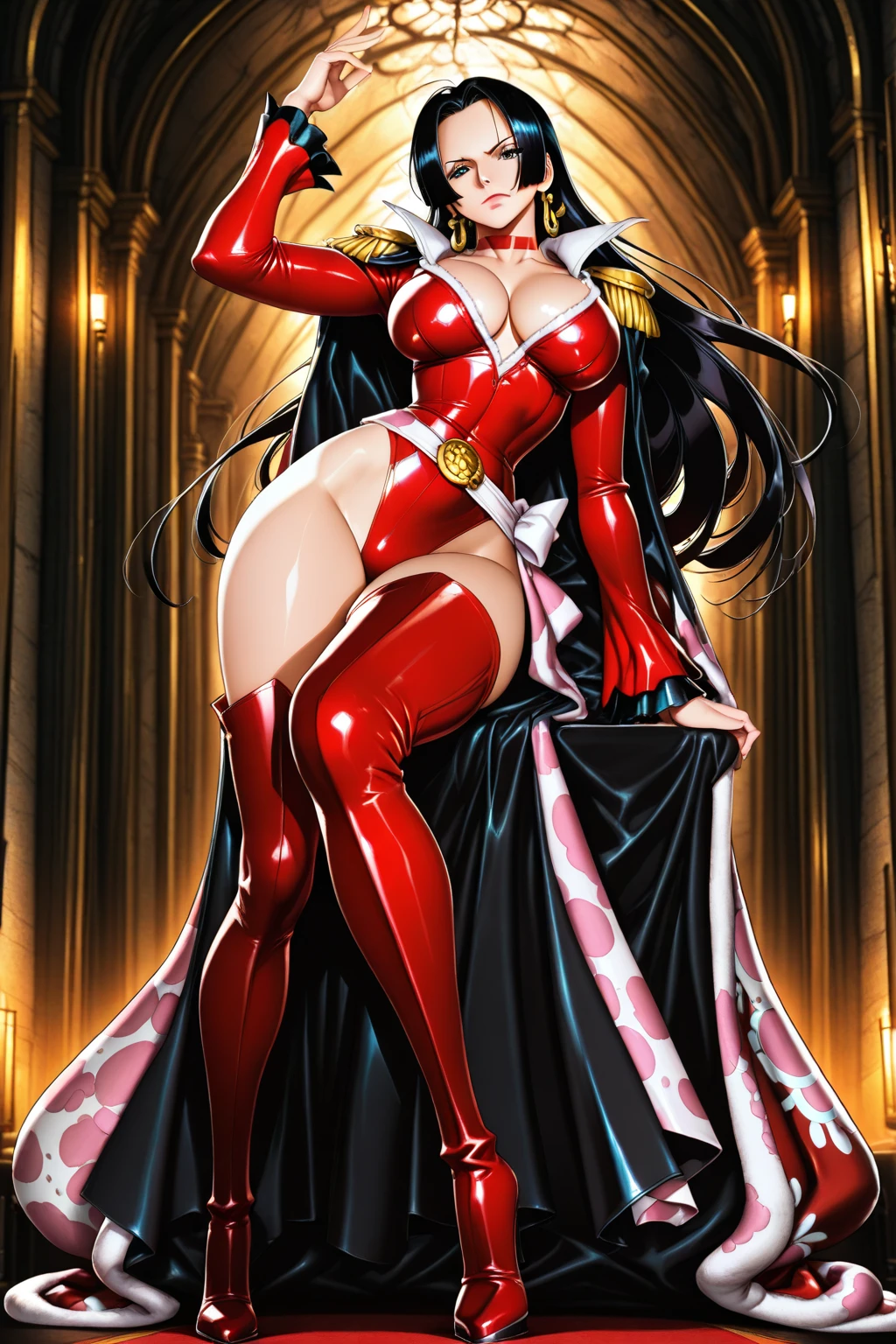 Yankee sitting、Poop sitting、(((open legs:1.4)))、(((Wide-open legsでしゃがむ)))、(((Squat with your legs spread in an M-shape)))、BDSM、Queen、mistress、(((One girl)))、solo:1.8、(((Red latex elbow gloves:1.4 )))、(((Red latex corset dress:1.4)))、(((The corset dress is decorated with beautiful lace.)))、(((Corset dress with shoulder straps)))、(((Red latex tight mini skirt:1.4)))、(((Red Thigh Boots)))、(((Black fishnet stockings:1.2 )))、(((Stiletto heels:1.4)))、(((Black latex panties)))、(((Black latex bra)))、(((Black leather collar)))、(((sexyなポーズ:1.4 )))、Wide-open legs:1.2、(((Erotic)))、(((Cowboy Shot)))、Highest quality, masterpiece, Very detailed,One Girl,  ((Rose)), (vine), cage, bandage, Red rope, (Detail Light), falling Rose petals, Boa Hancock, (Browsing Caution:1.8), (masterpiece:1.5), Detailed Photos, , (8K, Realistic, Highest quality: 1.4), (One Girl), Beautiful Face, (Anime realistic face), (Black Hair, Long Hair: 1.3), Beautiful Hairstyles, Realistic eyes, Beautiful details in the eyes, (Realistic Skin), Beautiful Skin, (sweater), Absurd, charm, 超High resolution, Ultra-realistic, High resolution, Golden Ratio, ( excited:1.5)、shut up、Gazing at the audience、(((Sulky face:1.2)))、(((Frowning:1.2)、(((smirk)))、Cold Stare:1.2、blush:1.2、Sweating profusely