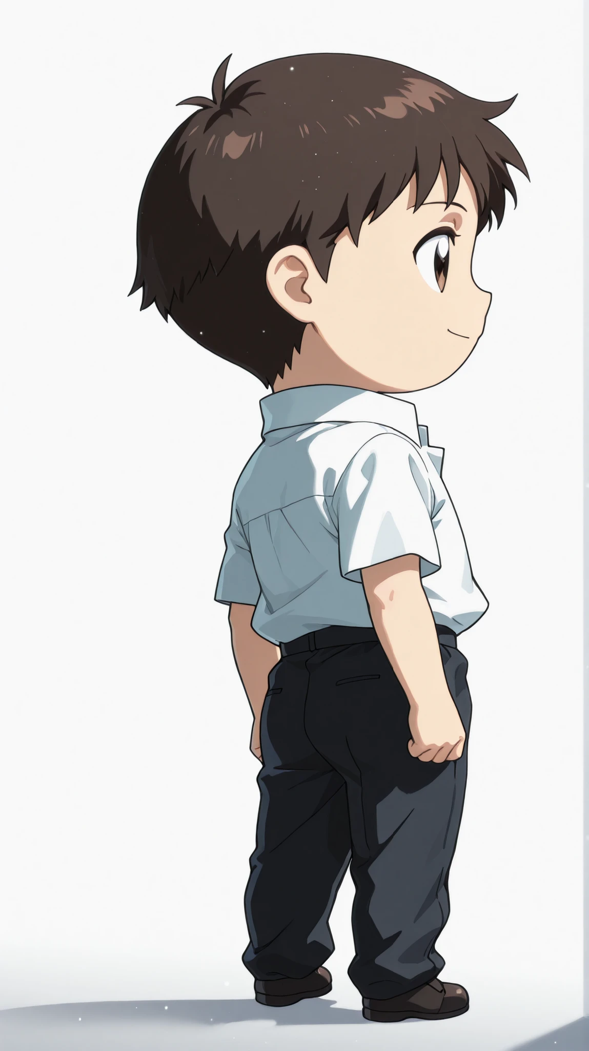 1boy , solo , shinjieva , short mash haircut, textured fringe, soft layers , chibi  , shinji ikari  in Pop Team Epic-style eXaggeration , full body , Japanese student wearing a summer school uniform with open-collar white shirt and black trousers, casual and cool , looking away , silent smile , standing , from behind ,
simple white background , 
break , 
( ambient occlusion:0.9 ) , masterpiece , best quality , ultra-detailed , high resolution , good , extremely detailed CG , unity 8k wallpaper , super detailed skin , perfect , detailed beautiful face , detailed beautiful eyes , highres , chiaroscuro , highly detailed background , elaborately designed clothes , dramatic lighting , dramatic angle , light particles , RAW ,