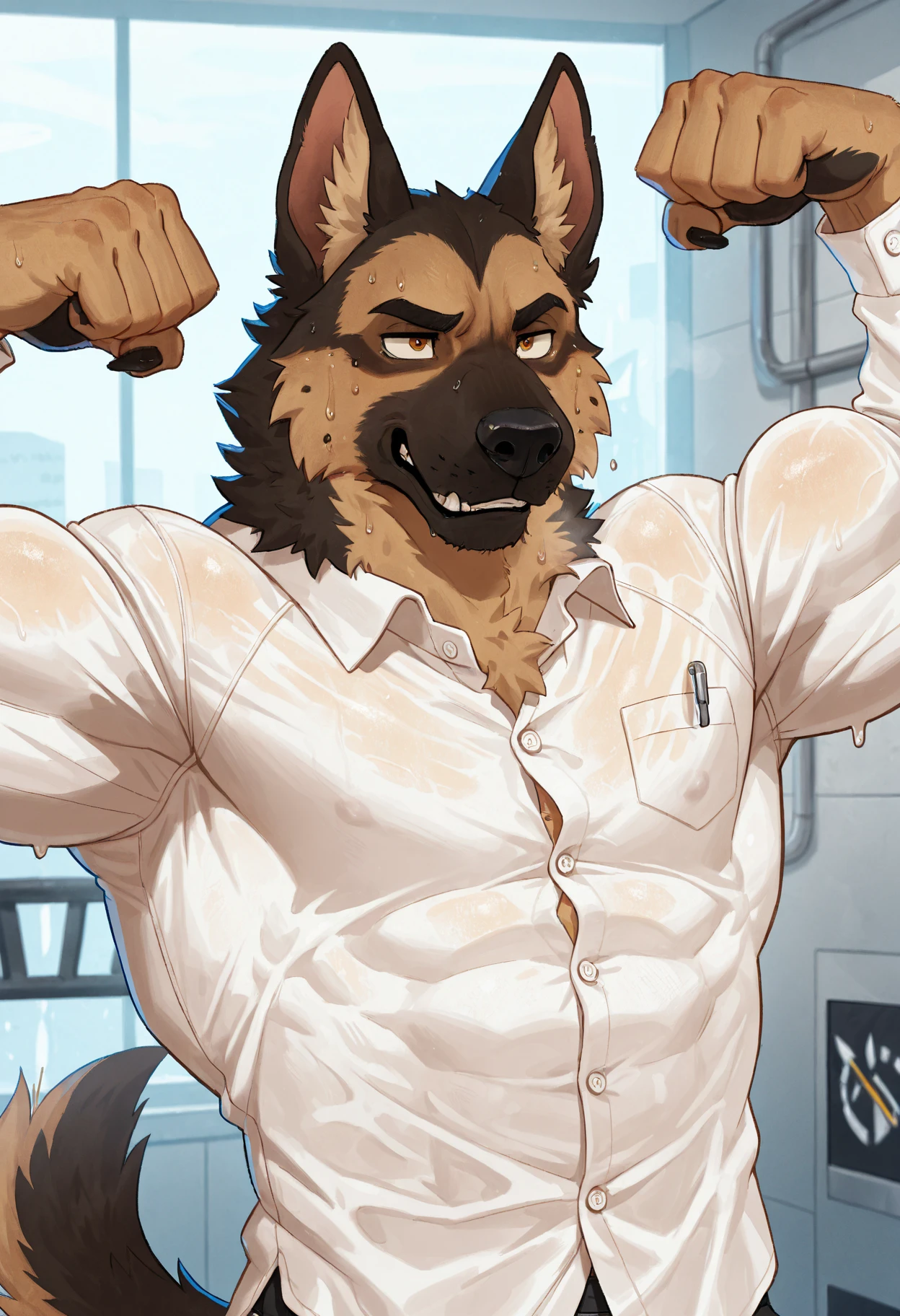 (solo, male:1.1, canine, wolf:1.1, werewolf, muscular, large muscles, large pectorals, mature male, older,  hair, beard, happy, blushing, grey fur, teal eyes:1.1, body hair, full-body:1.1, by doooo2424), (best quality:1.2, 4k, 8k, highres, masterpiece:1.2), ultra-detailed, (realistic:1.37, photorealistic:1.37), HDR, UHD, studio lighting, ultra-fine painting, sharp focus, physically-based rendering, extreme detail description, professional, vivid colors, bokeh, portraits, wolf-human hybrid, strength, power, fierce expression, mysterious background lighting, surreal atmosphere