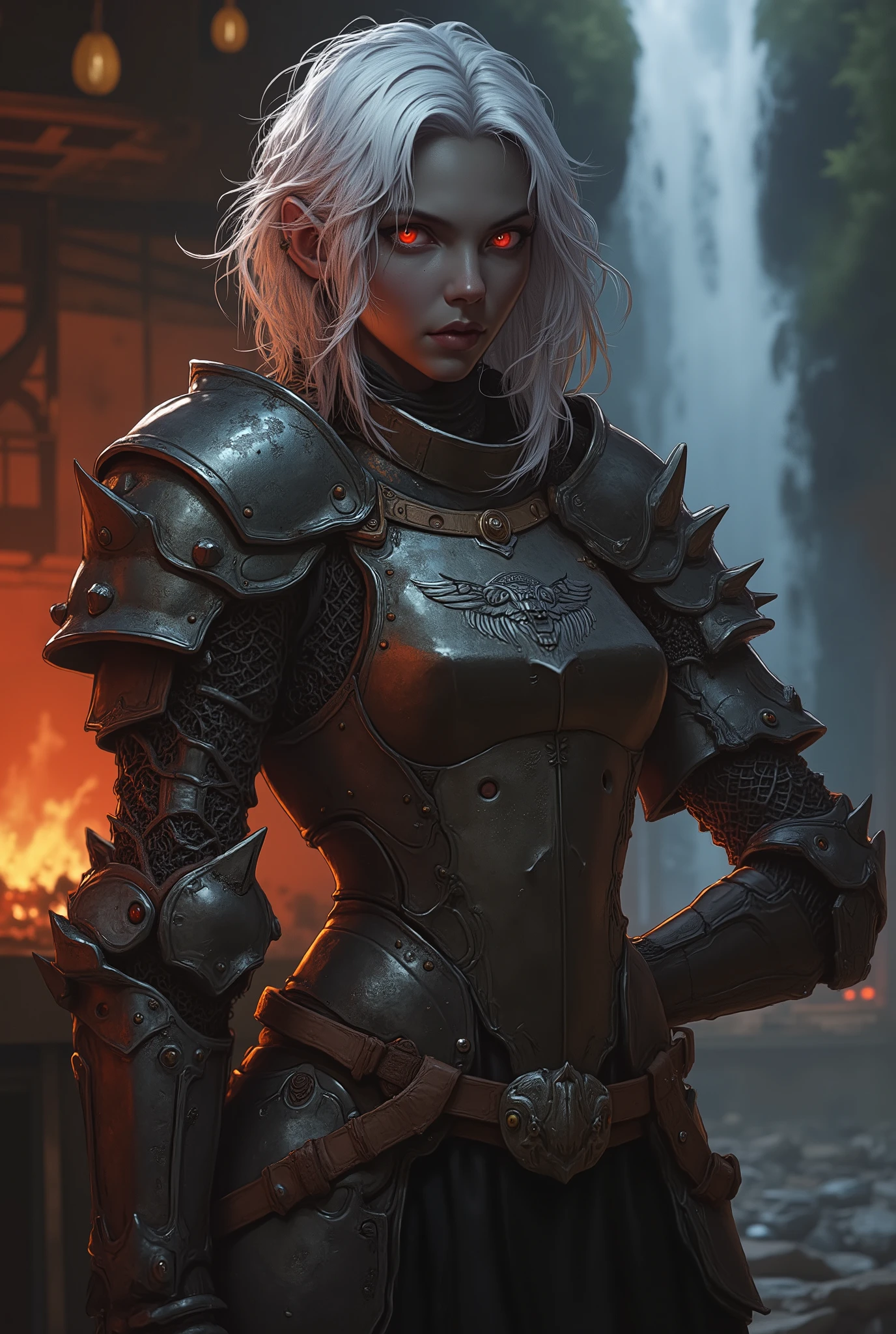 (highly qualified, high-res creation, 4k, 8k), (said, фотоsaid: 1,5), lonely young girl-drow(elf DROW dark gray skin,elven facial features, elven ears, red eyes,loosely wavy silver-black hair), She is a blacksmith knight. she's worth it, she is completely unarmed, she is depicted from the knee and above. (The focus is on the image of a woman). She wears super detailed brown armor, who looks like Grow, Armor color brown, . Some parts of the armor look like Grow, , the armor's head is carved on the chest. She has short, Spanish beautiful hair, Disheveled, Her eyes are dark brown. He's in blacksmith shop with a waterfall of hot lava in the background., No, Fundo , there are some people.