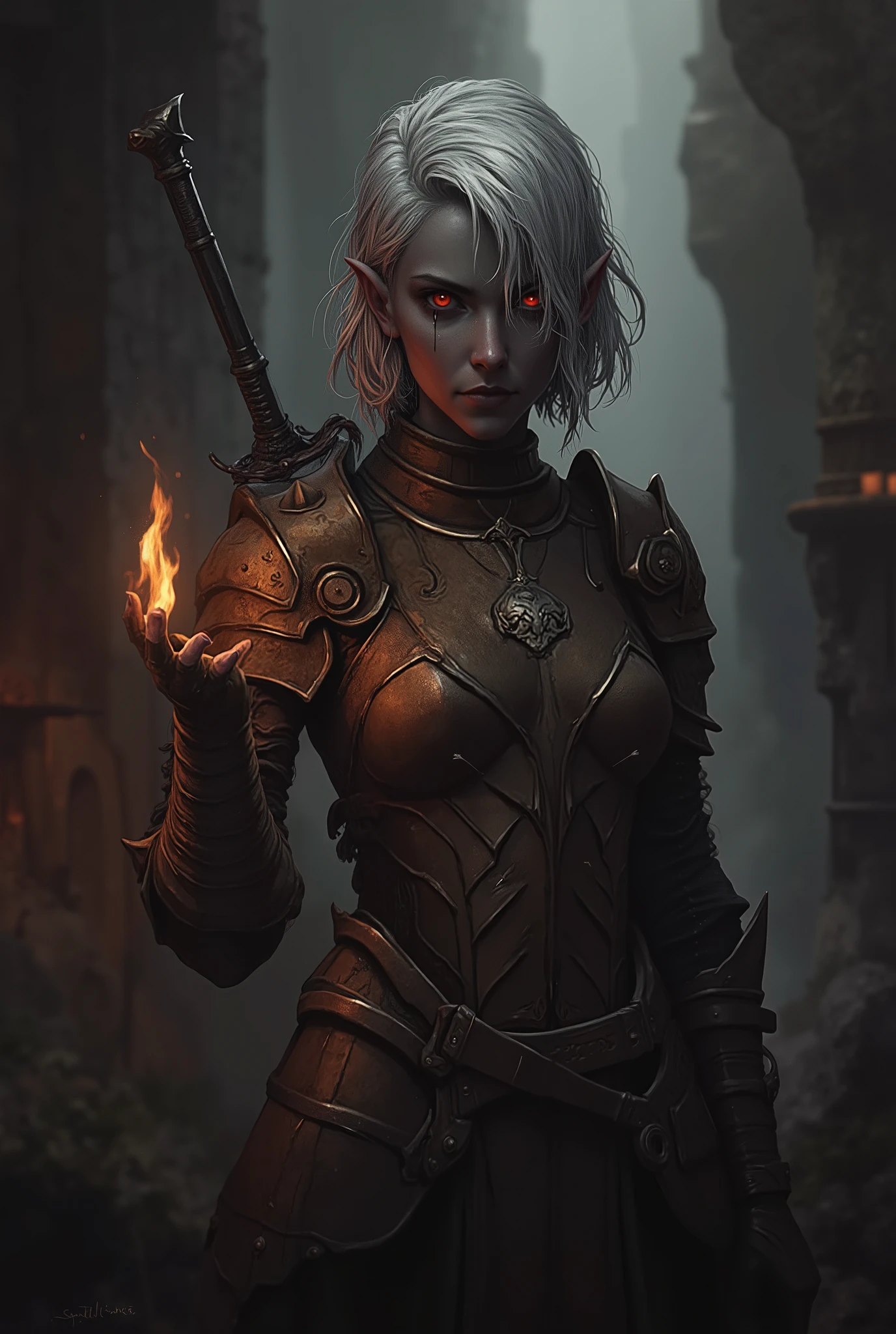 (highly qualified, high-res creation, 4k, 8k), (said, фотоsaid: 1,5), lonely young girl-drow(elf DROW dark gray skin,elven facial features, elven ears, red eyes,loosely wavy silver-black hair), She is a blacksmith knight. she's worth it, she is completely unarmed, she is depicted from the knee and above. (The focus is on the image of a woman). She wears super detailed brown armor, who looks like Grow, Armor color brown, . Some parts of the armor look like Grow, , the armor's head is carved on the chest. She has short, Spanish beautiful hair, Disheveled, Her eyes are dark brown. He's in blacksmith shop with a waterfall of hot lava in the background., No, Fundo , there are some people.(hyperrealistic photo)