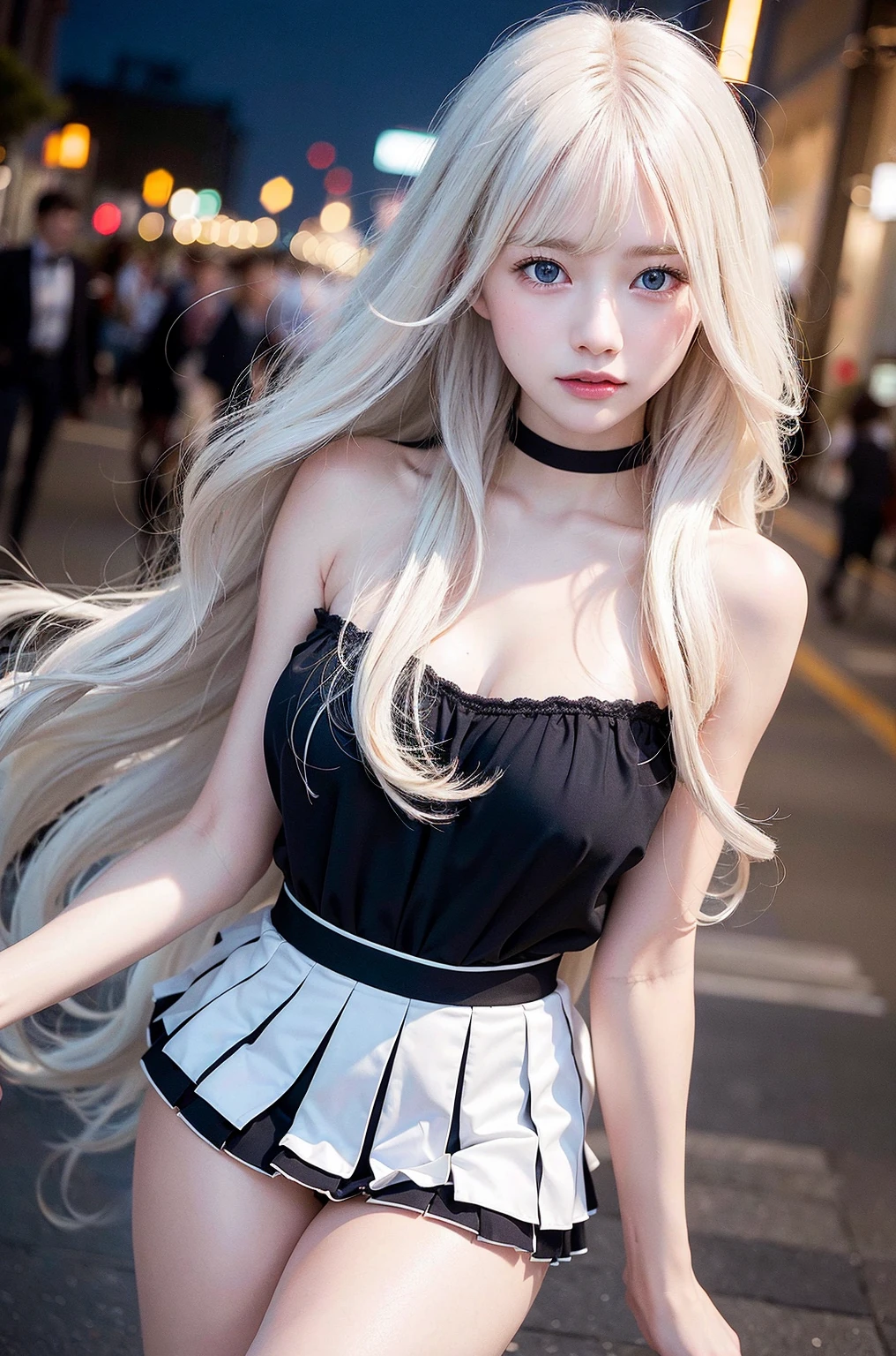 Brussels Old Town、cobblestone、1 woman、Platinum blonde inner color((colored inner hair))、long hair、Wear a sleeveless zipper-up top、Wear low rise leggings