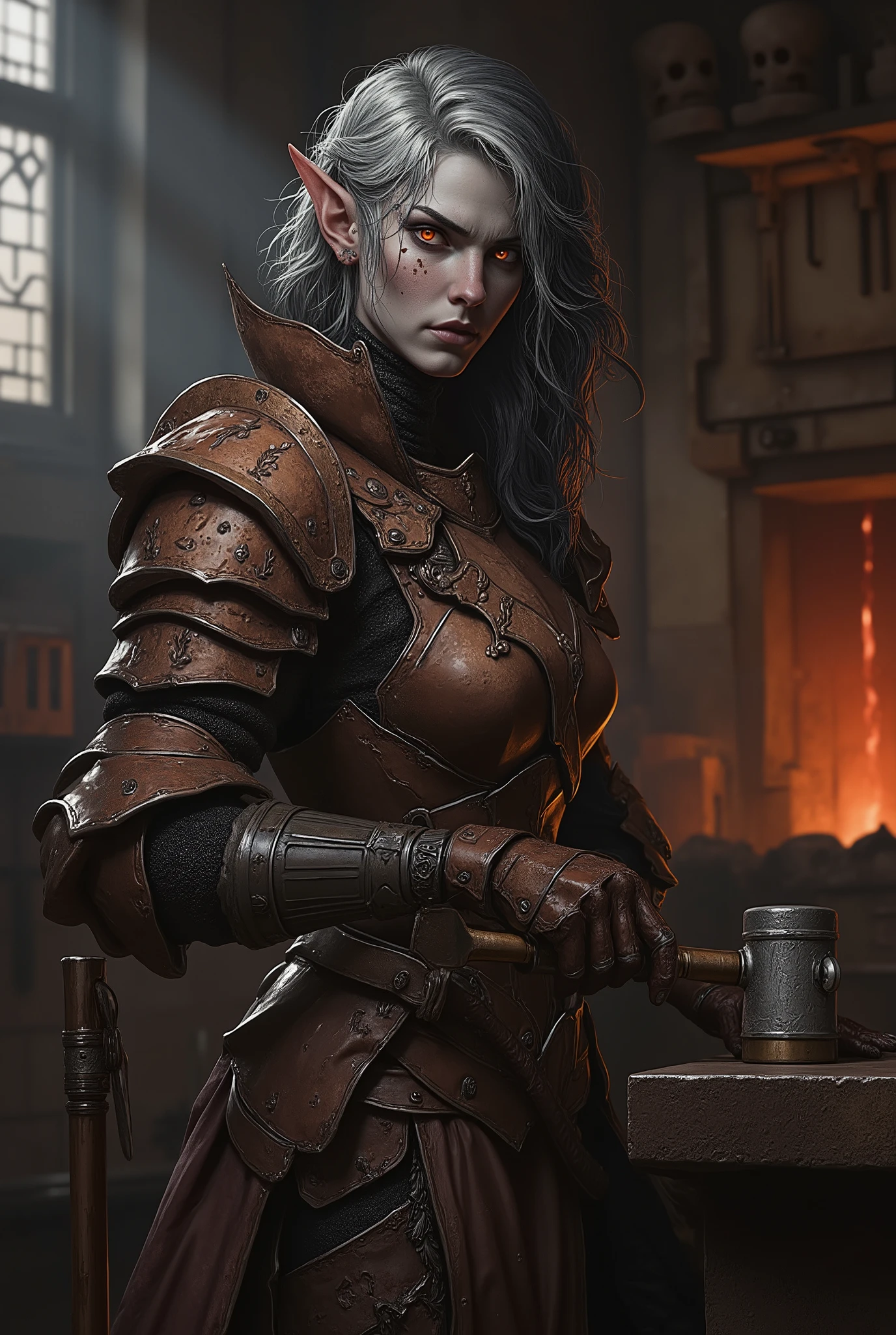 (highly qualified, high-res creation, 4k, 8k), (photo, said, фотоsaid: 1,5), lonely young girl-drow(elf DROW dark gray skin,elven facial features, elven ears, red eyes,loosely wavy silver-black hair), She is a blacksmith knight. she's worth it, she is completely unarmed, she is depicted from the knee and above. (The focus is on the image of a woman). She wears super detailed brown armor, who looks like Grow, Armor color brown, . Some parts of the armor look like Grow, , the armor's head is carved on the chest. She has short, Spanish beautiful hair, Disheveled, Her eyes are dark brown. He's in blacksmith shop with a waterfall of hot lava in the background., No, Fundo , there are some people.(гиперреалистичная photo)((elf drow warrior blacksmith), hammer in hand , behind an anvil and a dark forge with flowing lava,ominous gaze,Photorealism,Dark fantasy ))