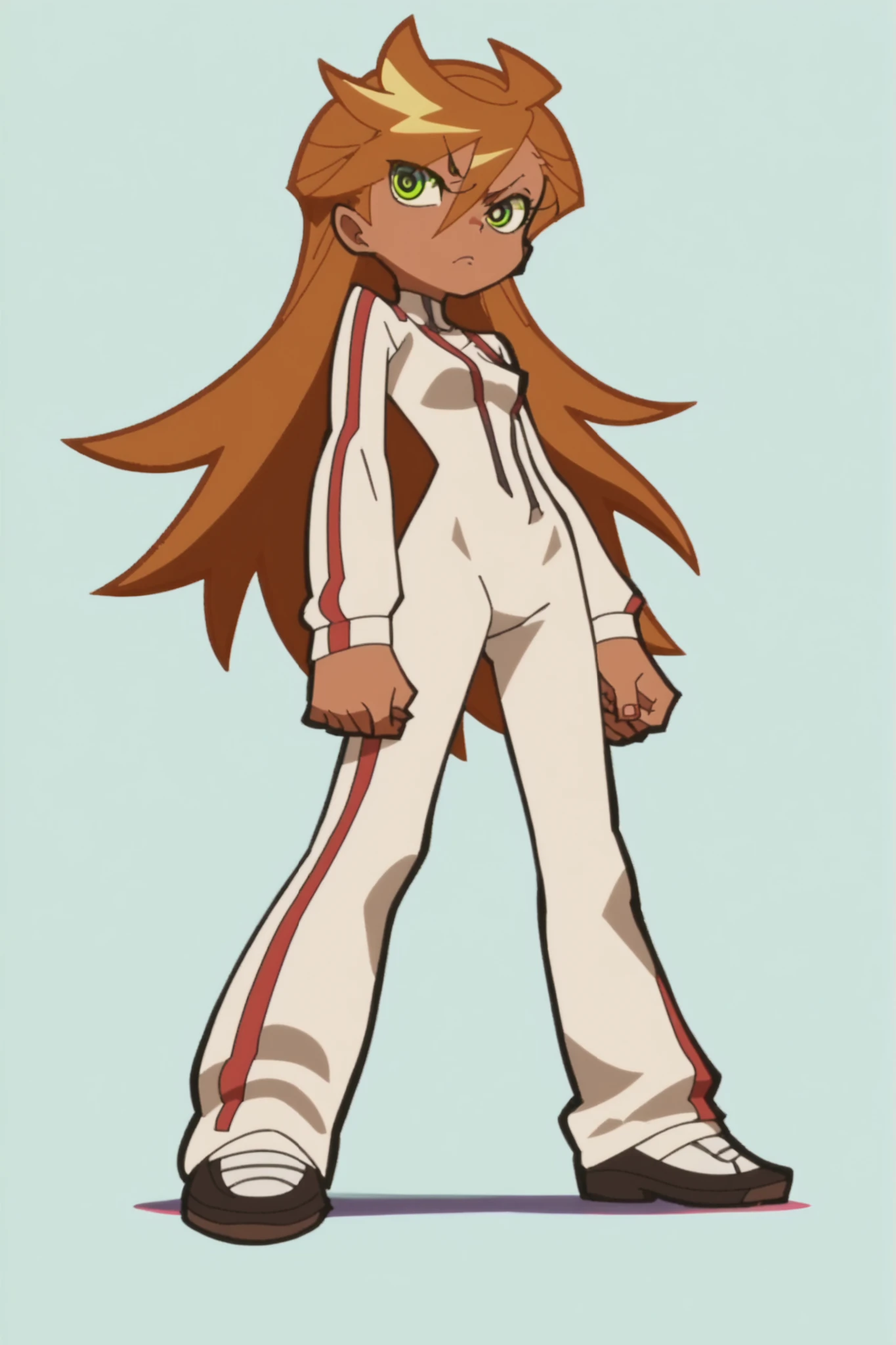 p&s style, screencap, anime, score_10, flat colors, woman, brown skin, green eyes, brown hair, flirty expression, long hair over shoulder, skin tight body suit, low karate pose, full body