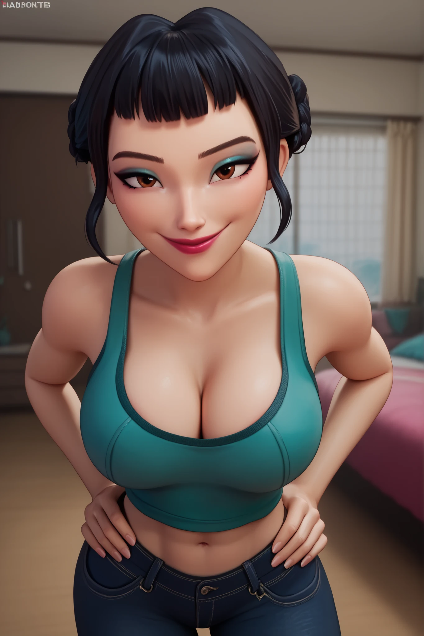 BREAK, score_6_up, score_7_up, score_8_up, score_9, 1girl, solo, kpdh_z0ey, black hair, short hair, hair bun, brown eyes, blunt bangs, lipstick, makeup, official KPop Demon Hunters aesthetic, , busty, cleavage, curvy, athletic, looking at viewer, seducing viewer, teasing viewer, expression, smiling, closed mouth, bedroom eyes, teal tank top, black jeans, midriff, indoors, bedroom, standing, hands on waist, closeup, portrait, upper body, high-angle view, blue eyeshadow