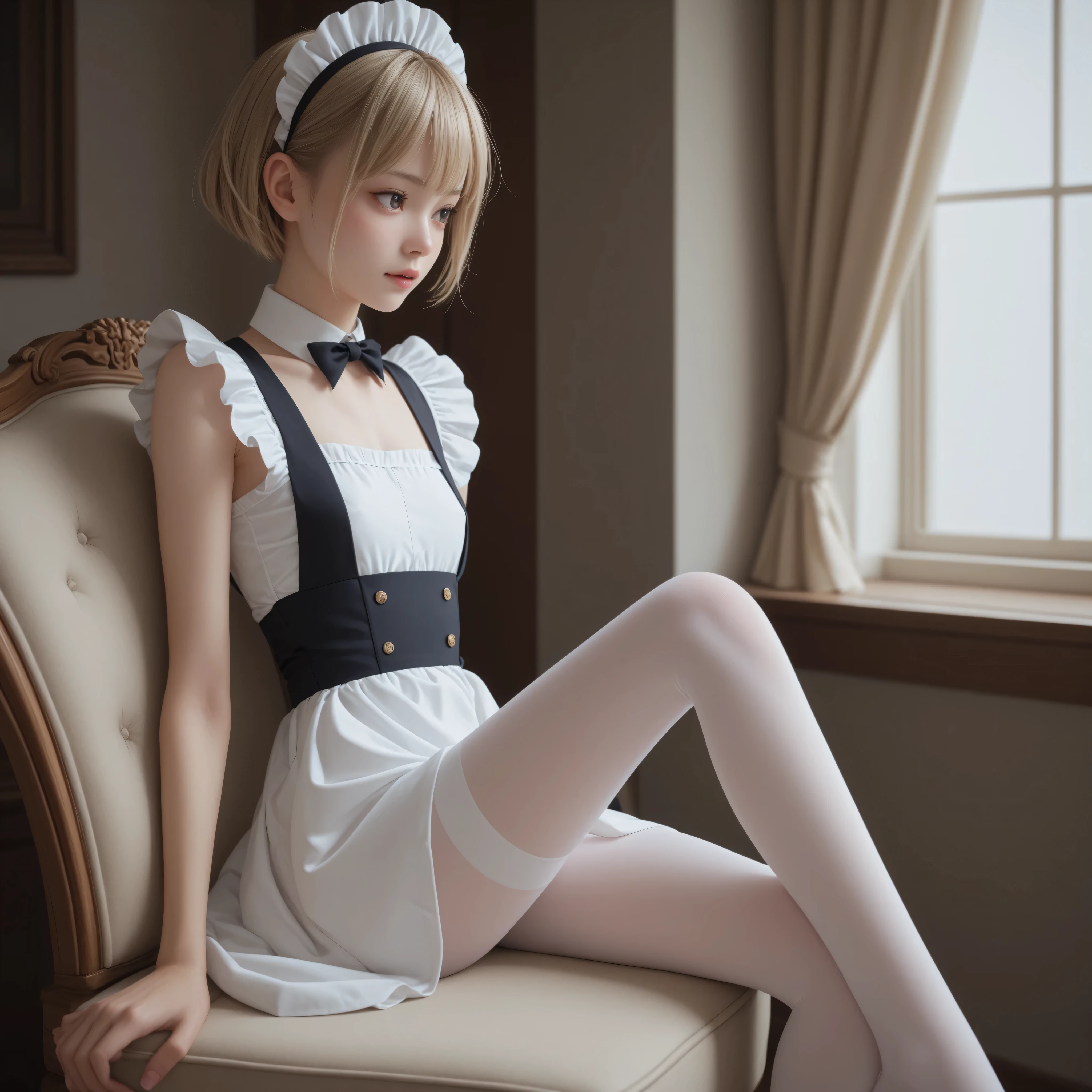 1 Girl、maids、(Smile Yang:0.3)、is looking here,sitting、 Thin tights 、From the side、open both legs,(younger:1.5),(skinny:1.1),japanese