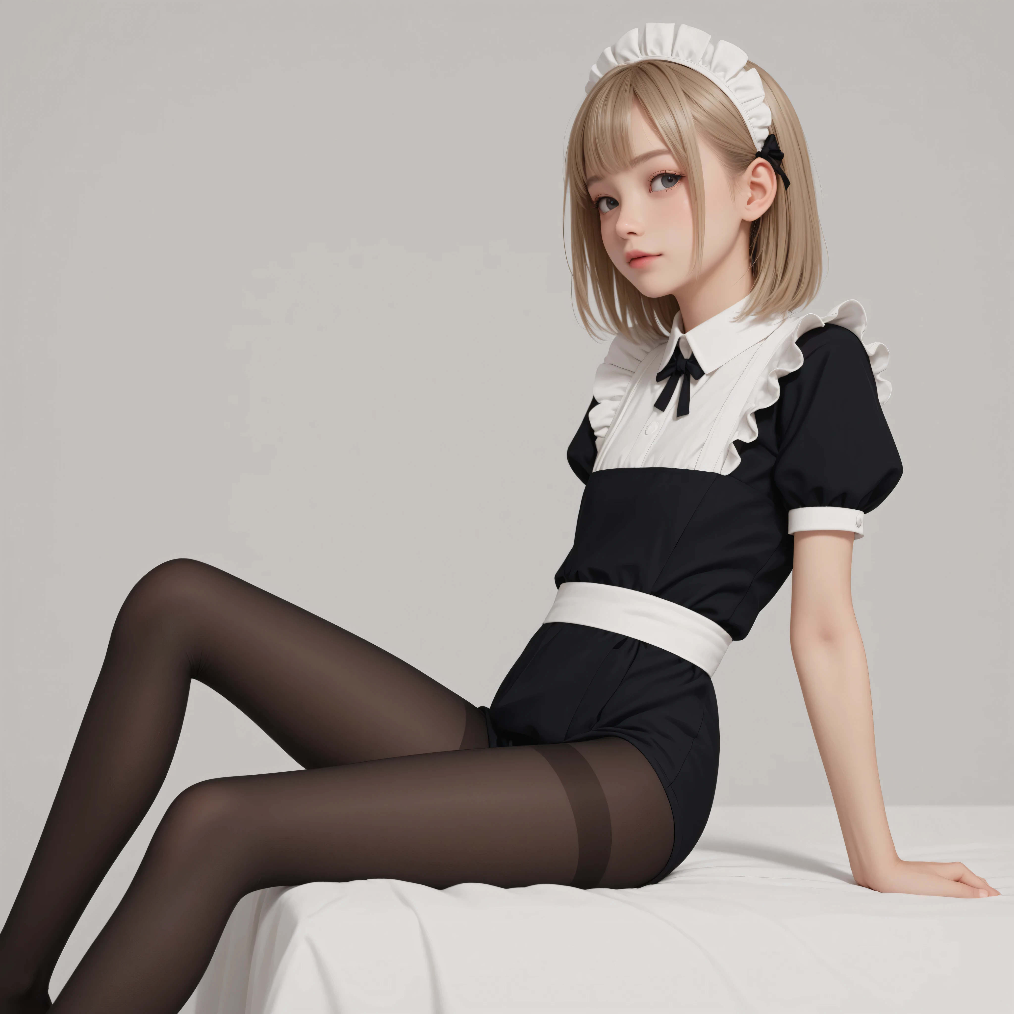 1 Girl、maids、(Smile Yang:0.3)、is looking here,sitting、 Thin tights 、From the side、open both legs,(younger:1.5),(skinny:1.1),japanese