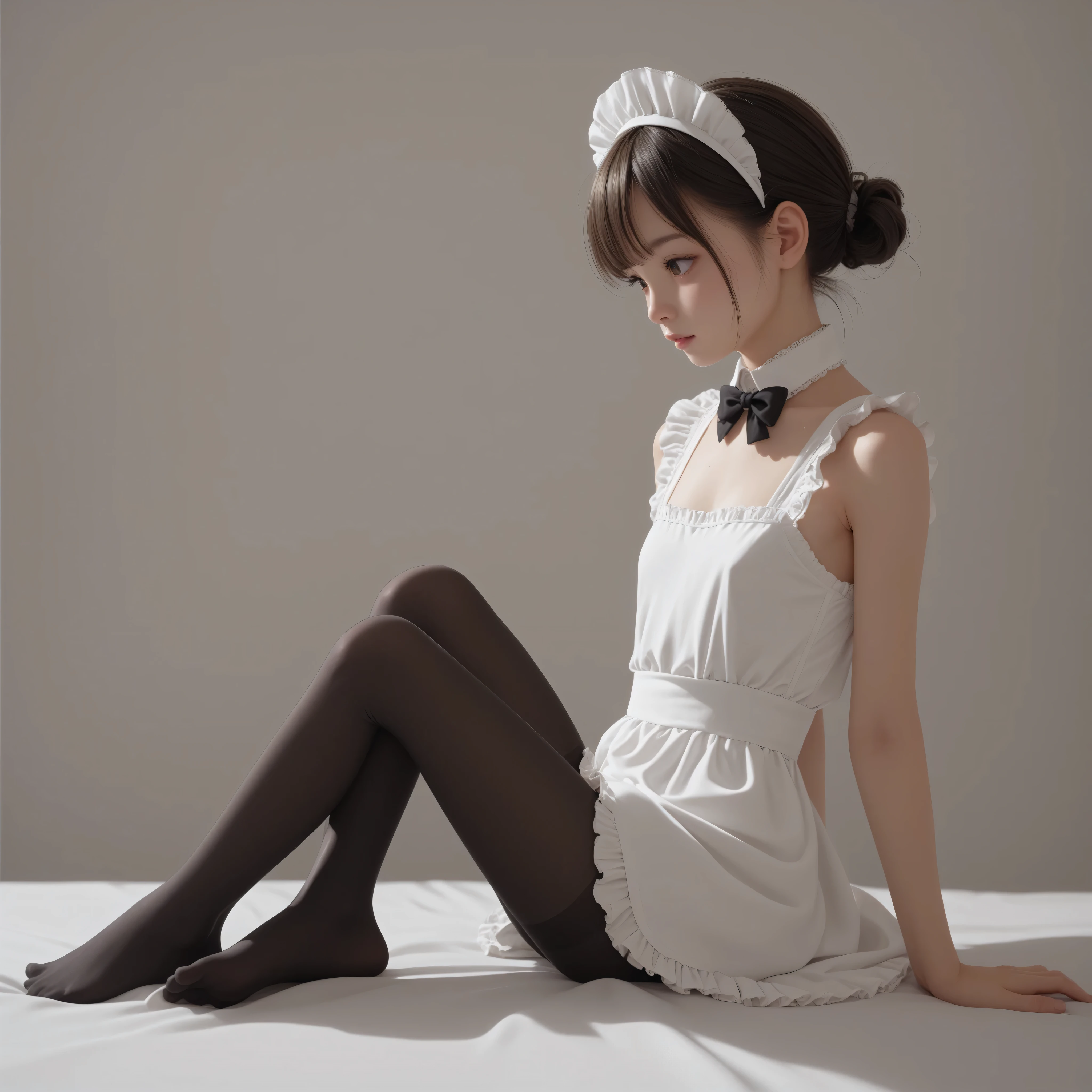 1 Girl、maids、(Smile Yang:0.3)、is looking here,sitting、 Thin tights 、From the side、open both legs,(younger:1.5),(skinny:1.1),japanese