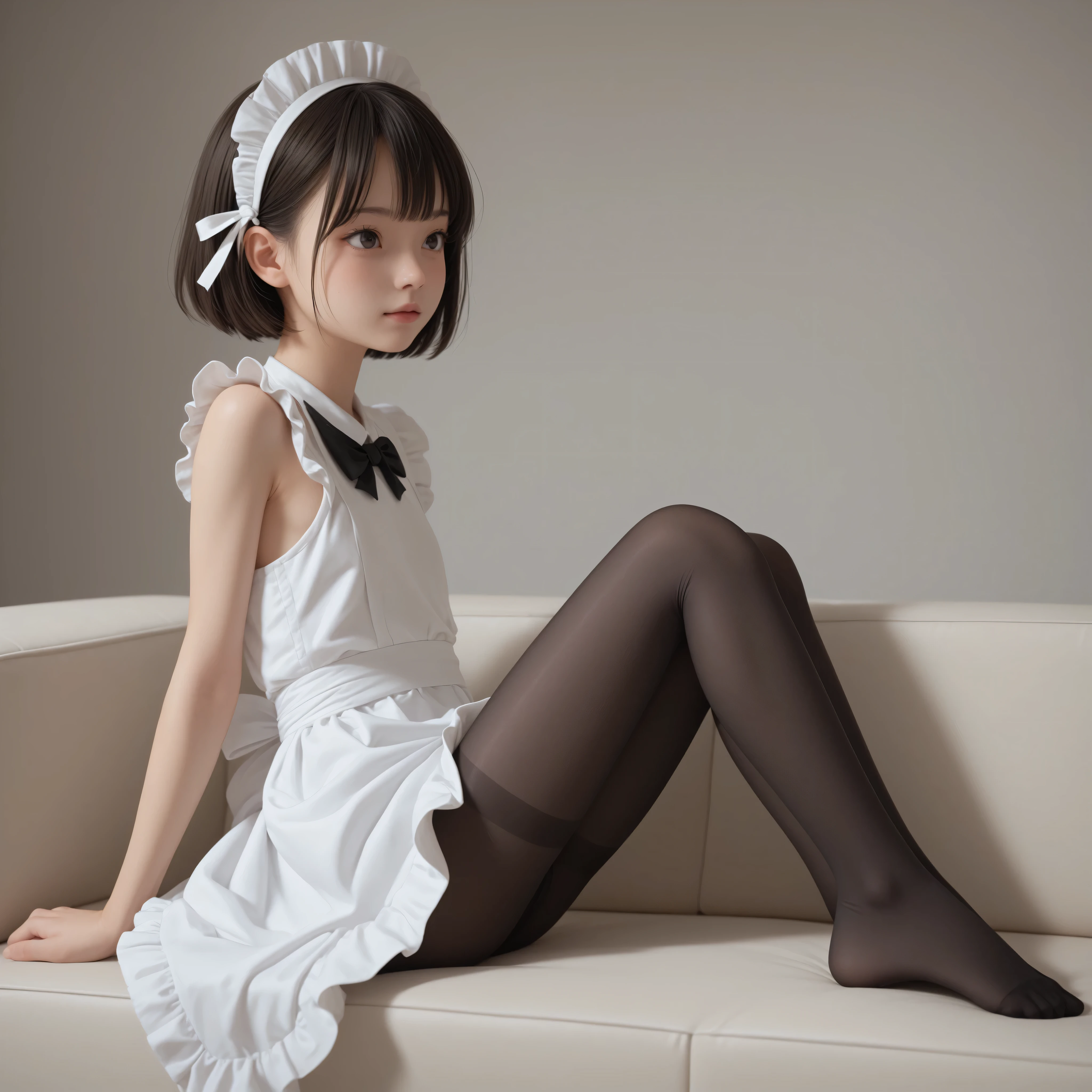 1 Girl、maids、(Smile Yang:0.3)、is looking here,sitting、 Thin tights 、From the side、open both legs,(younger:1.5),(skinny:1.1),japanese