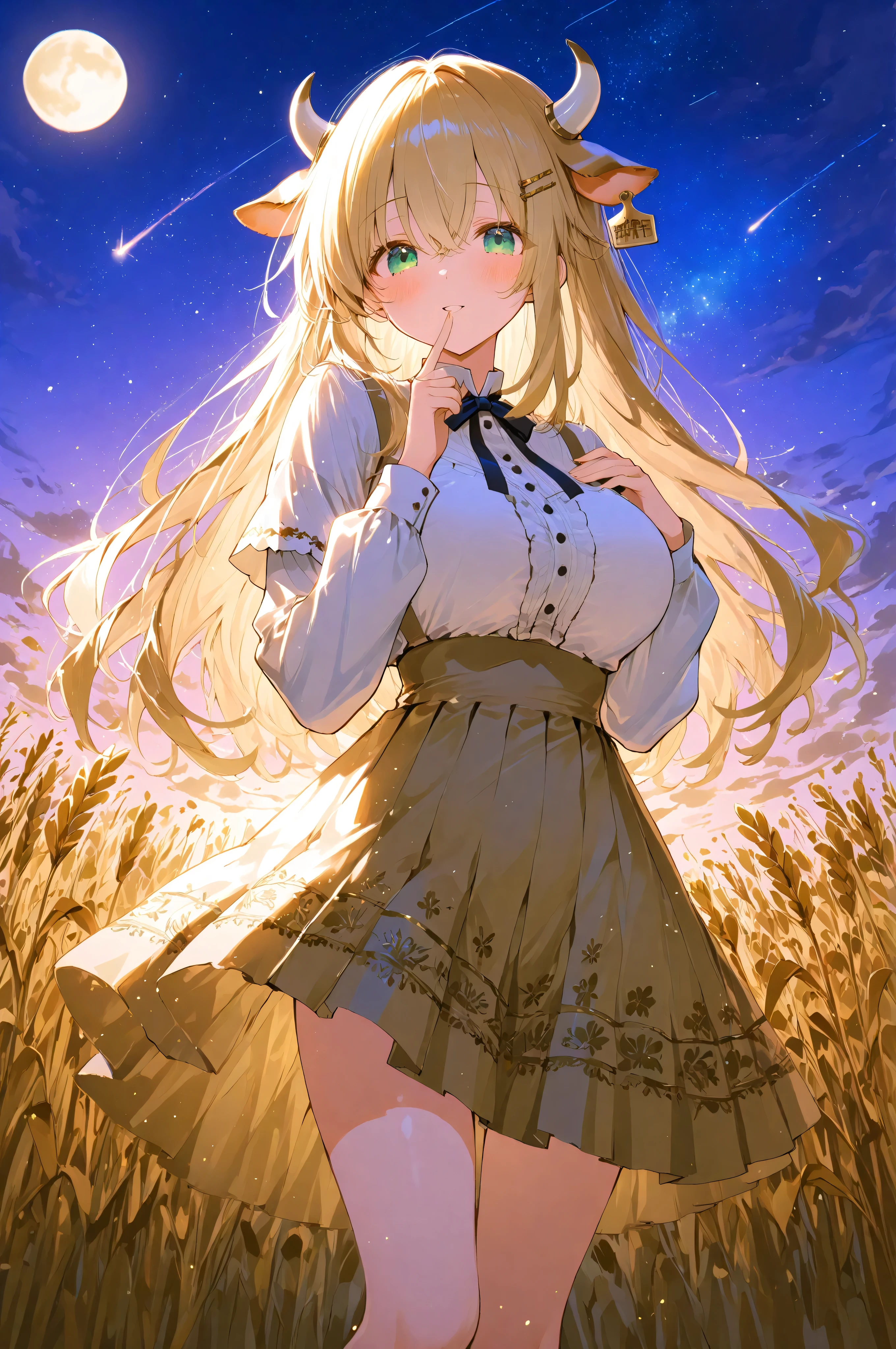 masterpiece:1.2、Highest Quality、good quality、highest resolution、very cute、Deadly Cutie:1.4、8K、in detail with your own finger、Dynamic Angle、((from the left underexposed))、:Zodiac、cow、womanhood、big boobs、大人のwomanhood、((( cow horn)))、Tall、((Sister Outfit))、((Wheat embroidery on skirt))、(((hairpin)))、mystical、fantastic、standing、(((spread your hands)))、farm、Wheat field、womanhoodの足元に眷属の牛が寝ている、Night Sky、shooting stars、 full moon、wide angle、((knee shot))