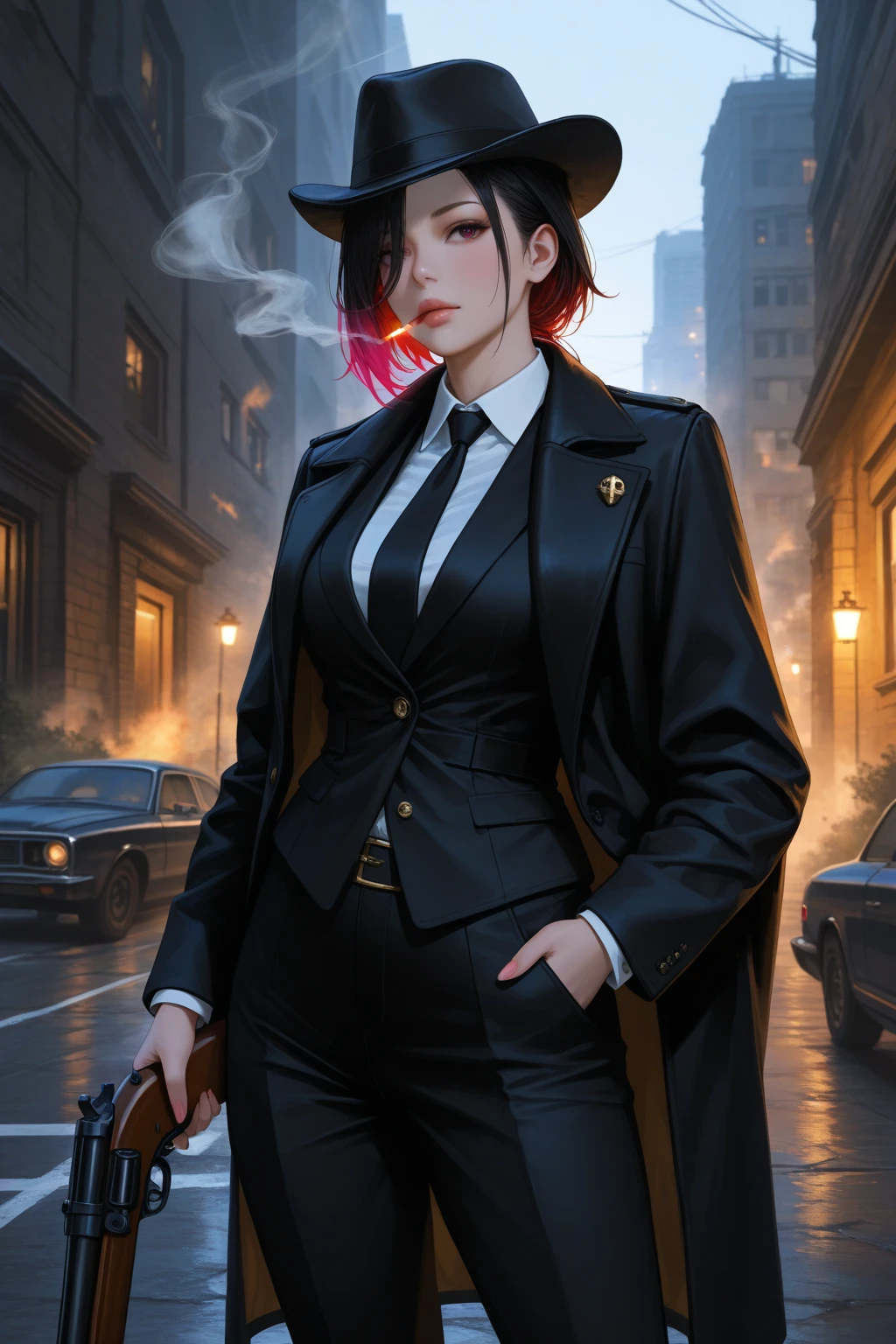 A city with a beautiful sunset with a woman with short hair and dark glasses and a black coat and black hat and a skull mask and an eye patch and an improved sniper rifle and aiming 