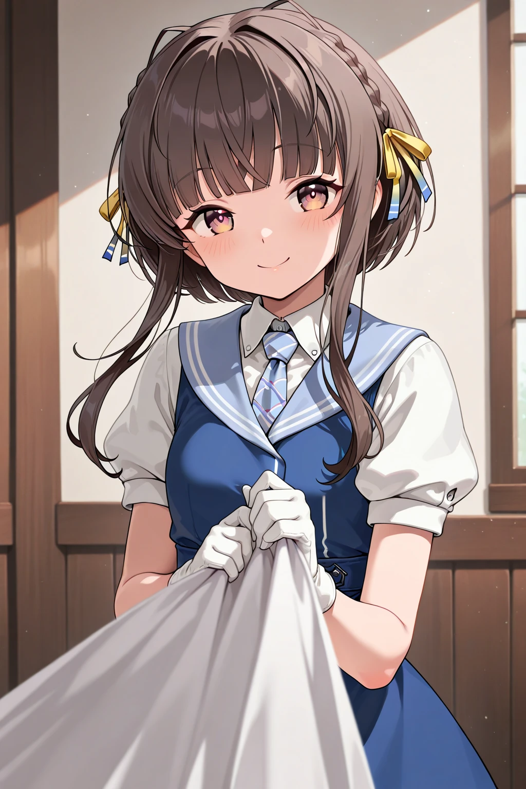 Hishi Miracle ( umamusume)diamond \( Uma Musume \)、1 Girl, horse ears, horse tail, looking at the viewer, horse tail, smile, looking at the viewer, standing, Uma Musume , 1 Girl, horse ears, horse tail, viewer looking at,Training school uniform, summer uniform, Sera uniform , puffy short sleeve, purple bowtie, horseshoe decoration, sailor collar, sailor shirt, purple shirt, white skirt, pleated skirt, flare skirt, , absolute area, white knee high,1 Girl, looking at the viewer, smiling, looking at the viewer, standing, 1 Girl, looking at the viewer, looking up, masterpiece, highest quality, ultra-detailed CG unified 8k wallpaper, light effects, masterpieces, top quality, Absurd, detailed skin, official art,masterpieCe, top quality, ultra HD quality details, anime style, , indoors, locker room, cowboy shooting, ((1 Girl)), smiling, looking at viewer, (holding white )), Confused, faint smile, hand holding , ((holding white )), ((((standing and presenting the with both hands))), (((Stands up with both hands to show off ))),Beautiful hands, Beautiful fingers, Steam, Smoke, ((Masterpiece)), (Top quality ), (ridiculous), (ultra detailed), (very aesthetic)