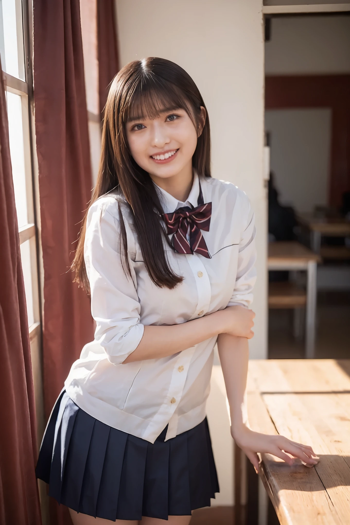 Japanese high school girl,(uniform:1.3),gravure pose,cowboy shot,(Smile Yan:1.2),(beautiful lighting), (RAW photo), (photo-realistic:1.4), (high resolution), masterpiece, (8k ultra-detailed),