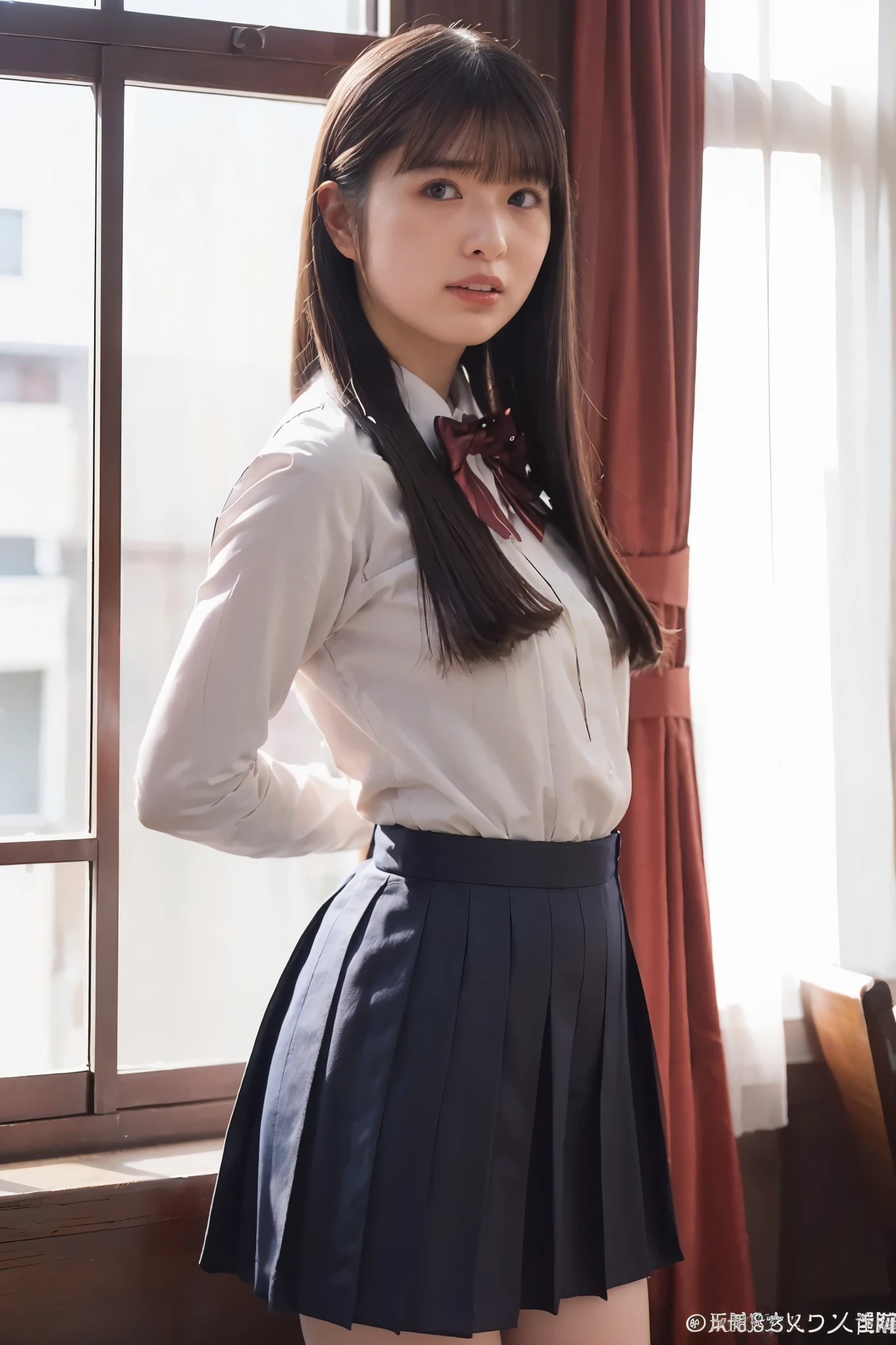 Japanese high school girl,(Japanese High School Uniforms:1.3),gravure pose,cowboy shot,(beautiful lighting), (RAW photo), (photo-realistic:1.4), (high resolution), masterpiece, (8k ultra-detailed),