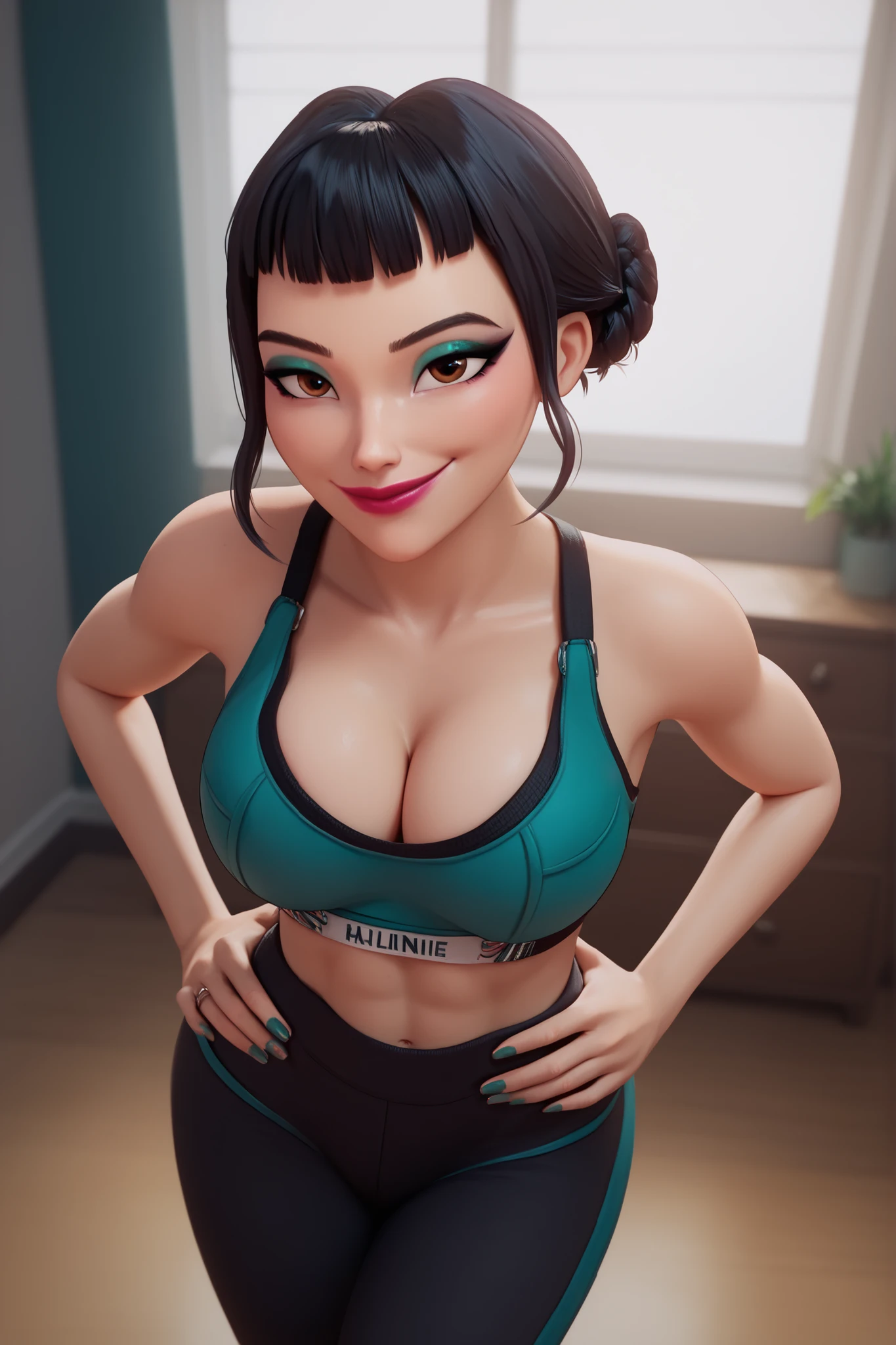 BREAK, score_6_up, score_7_up, score_8_up, score_9, 1girl, solo, kpdh_z0ey, black hair, short hair, hair bun, brown eyes, blunt bangs, lipstick, makeup, official KPop Demon Hunters aesthetic, large breasts, busty, cleavage, curvy, athletic, looking at viewer, seducing viewer, teasing viewer, seductive expression, smiling, closed mouth, bedroom eyes, black sports bra, black jogging pants, indoors, bedroom, standing, hands on waist, closeup, portrait, upper body, high-angle view, teal eyeshadow, black eyeliner